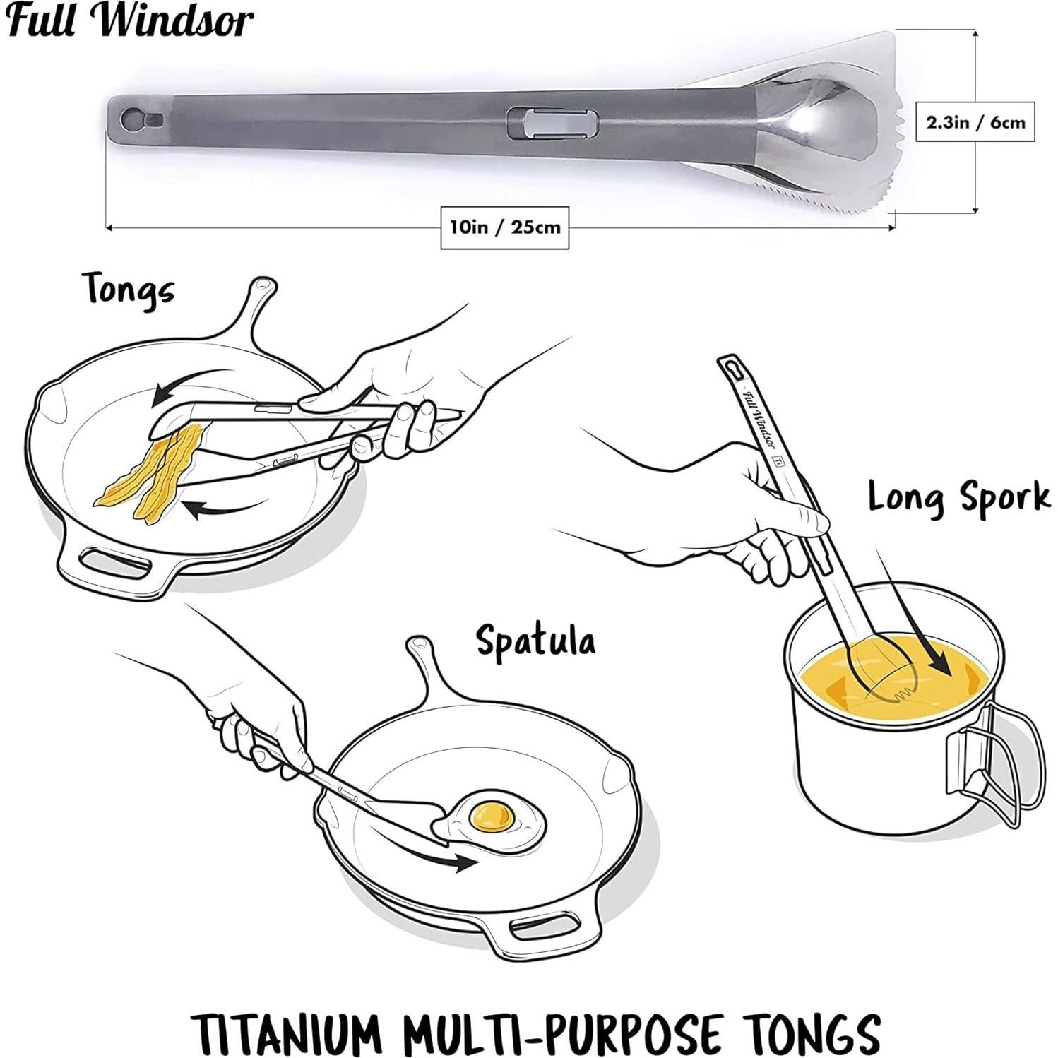 FULL WiNDSOR - THE SPLITTER - Titanium Tongs, Spork and Spatula - Portable Lightweight Metal Multi Utensil - Camping, Backpacking, Travel, Outdoor Cooking, Camp kitchen Cookware - Fathers Day Gifts