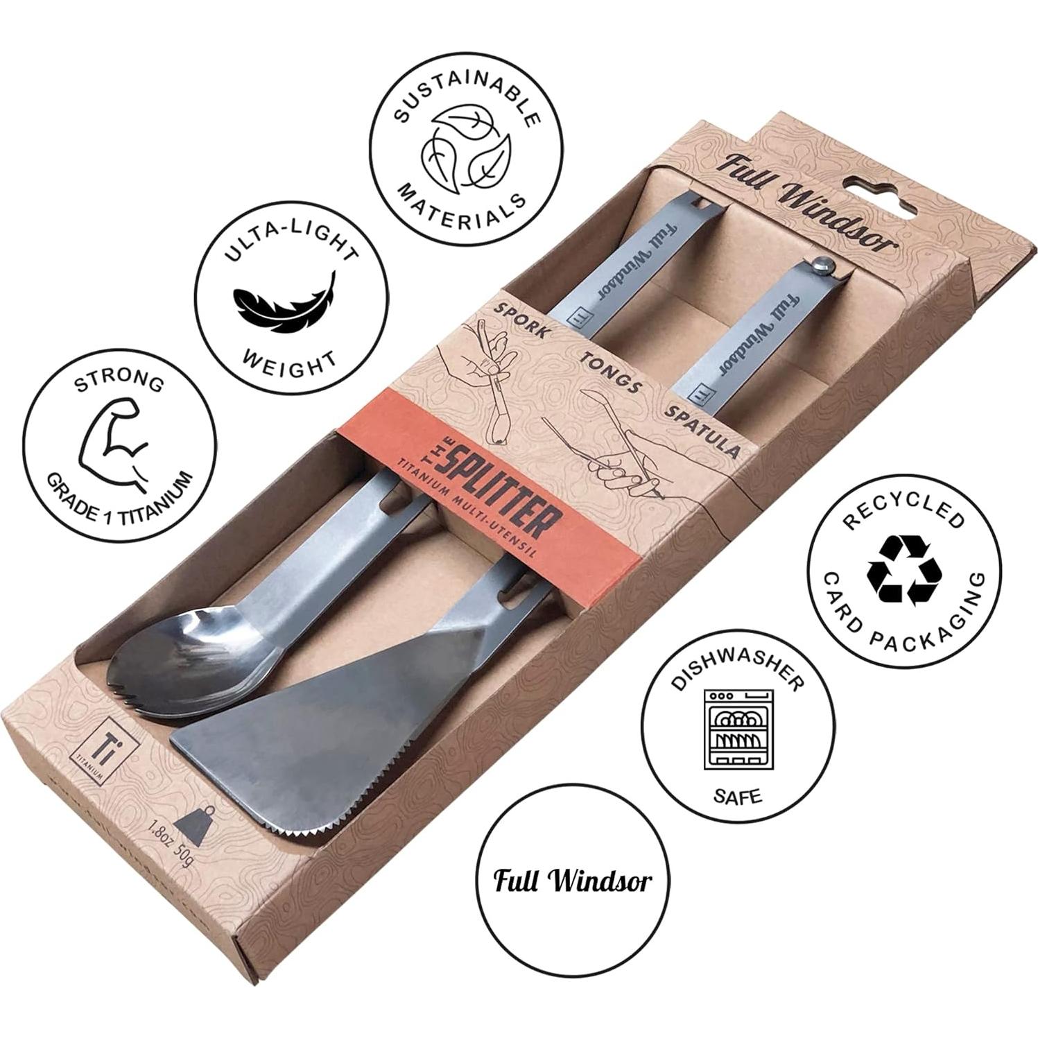 FULL WiNDSOR - THE SPLITTER - Titanium Tongs, Spork and Spatula - Portable Lightweight Metal Multi Utensil - Camping, Backpacking, Travel, Outdoor Cooking, Camp kitchen Cookware - Fathers Day Gifts