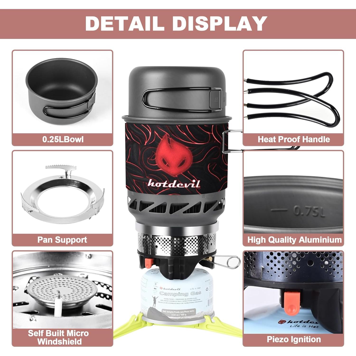 Estufa de Camping Hotdevil HD-SS-5120-1 con Olla 0.75L