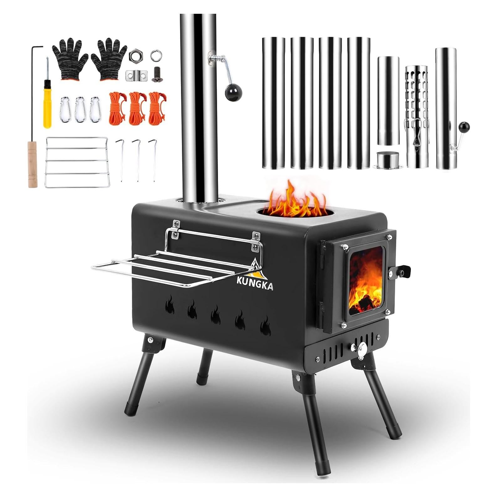 Estufa de Tienda KUNGKA Negra con Chimenea de Acero 1.83m