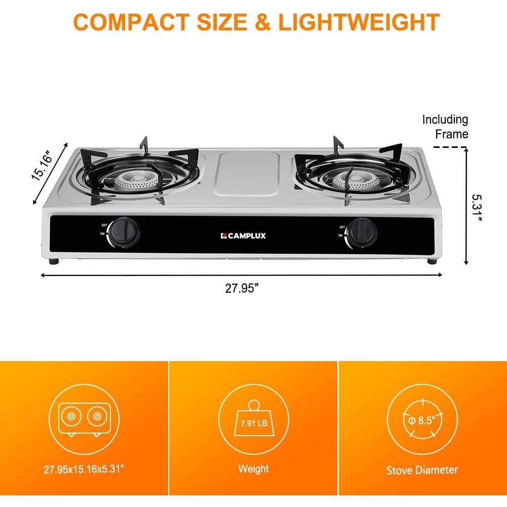 Estufa de Camping Camplux 2 Quemadores Acero Inoxidable 3.58 kg