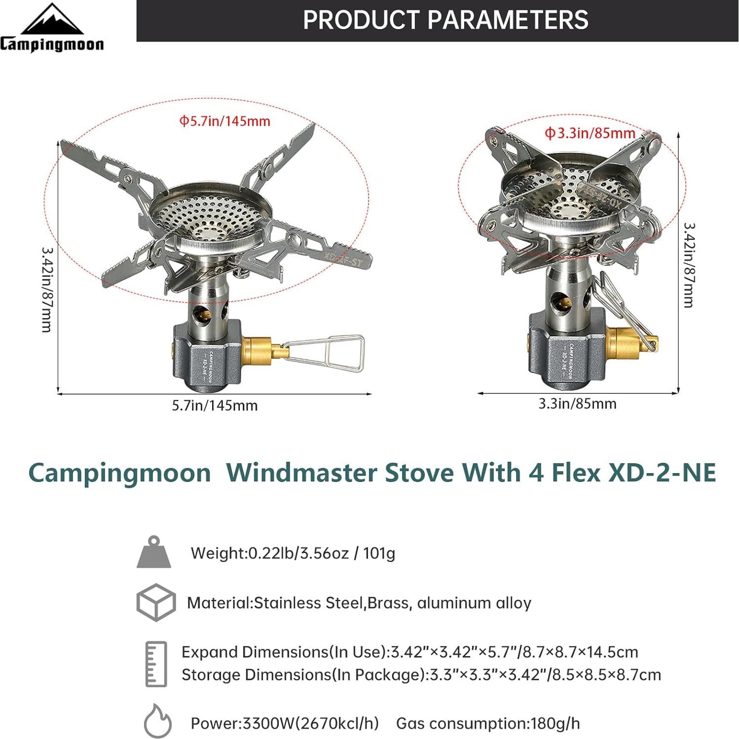 Campingmoon Portable Camping Gas Stove Ultralight Backpacking Stove With 4-Flex Outdoor Hiking Gear (XD-NE-2F(No Igniter))
