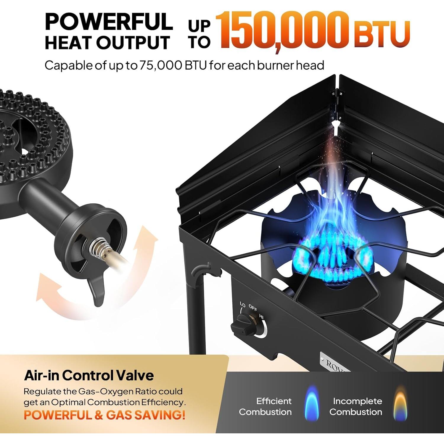 Estufa de Camping ROVSUN 2 Quemadores 150,000 BTU Gas Propano