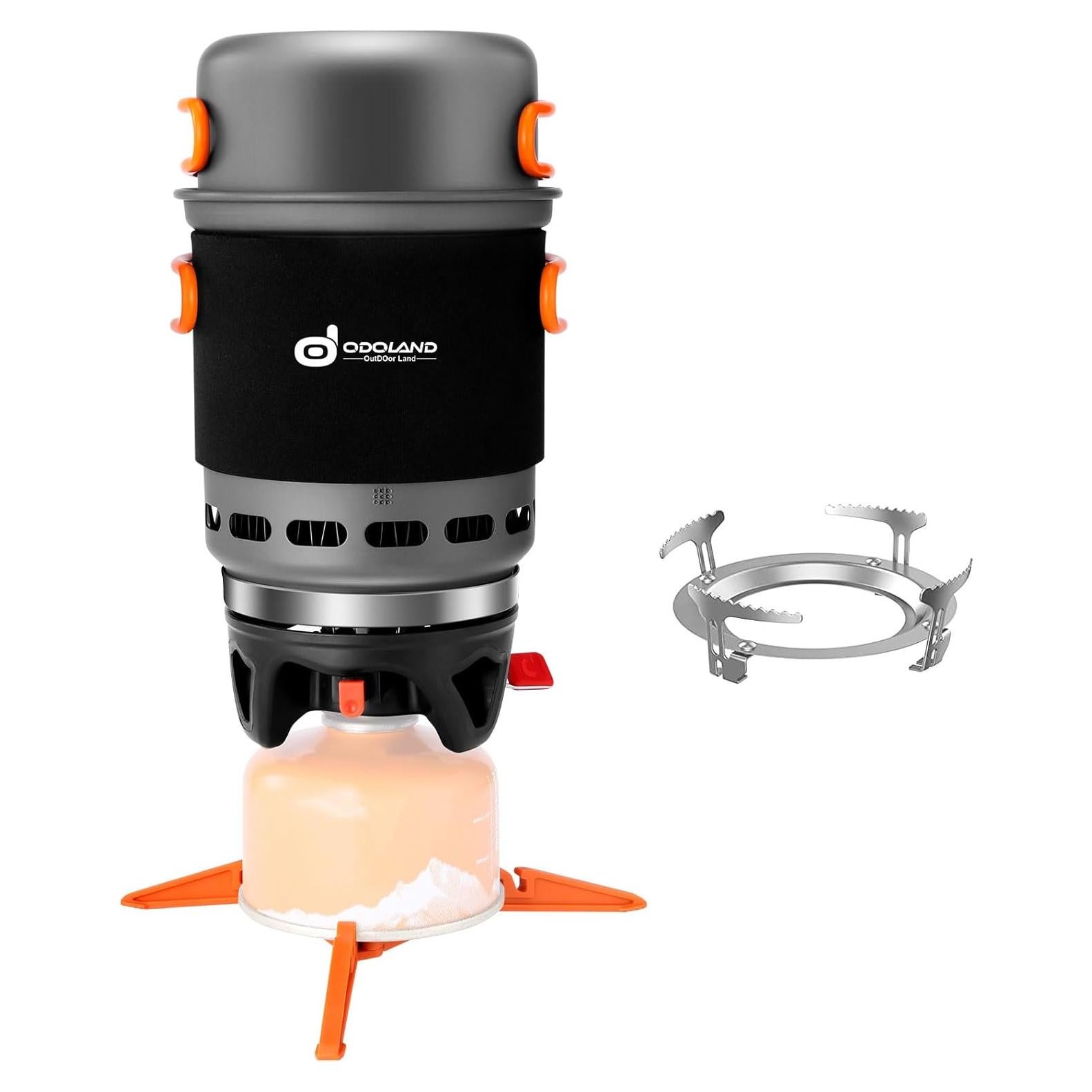 Heat Exchange Camping Pot with Backpacking Stove 7-In-1 Camping Cookware Mess Kit for Hiking, Trekking, Fishing and Picnic