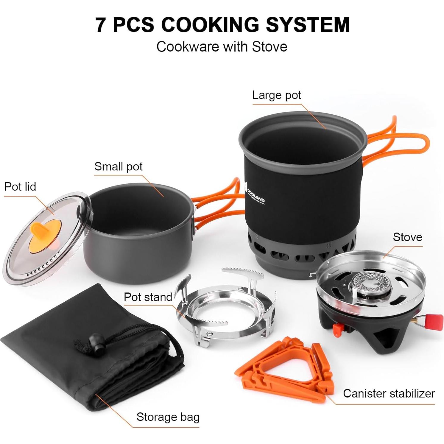 Heat Exchange Camping Pot with Backpacking Stove 7-In-1 Camping Cookware Mess Kit for Hiking, Trekking, Fishing and Picnic