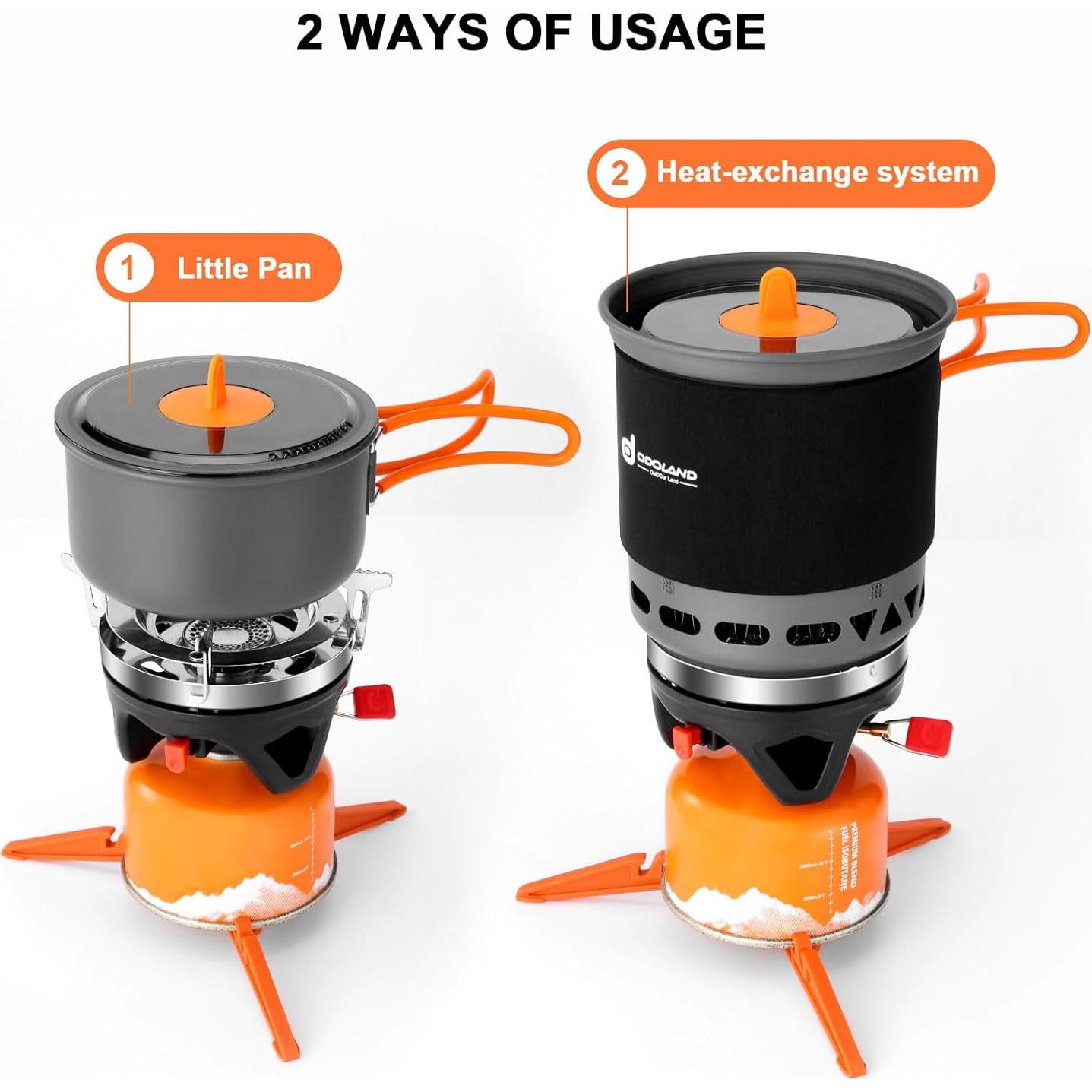 Heat Exchange Camping Pot with Backpacking Stove 7-In-1 Camping Cookware Mess Kit for Hiking, Trekking, Fishing and Picnic