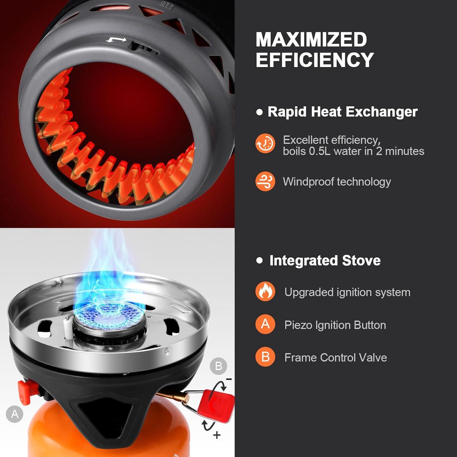 Heat Exchange Camping Pot with Backpacking Stove 7-In-1 Camping Cookware Mess Kit for Hiking, Trekking, Fishing and Picnic