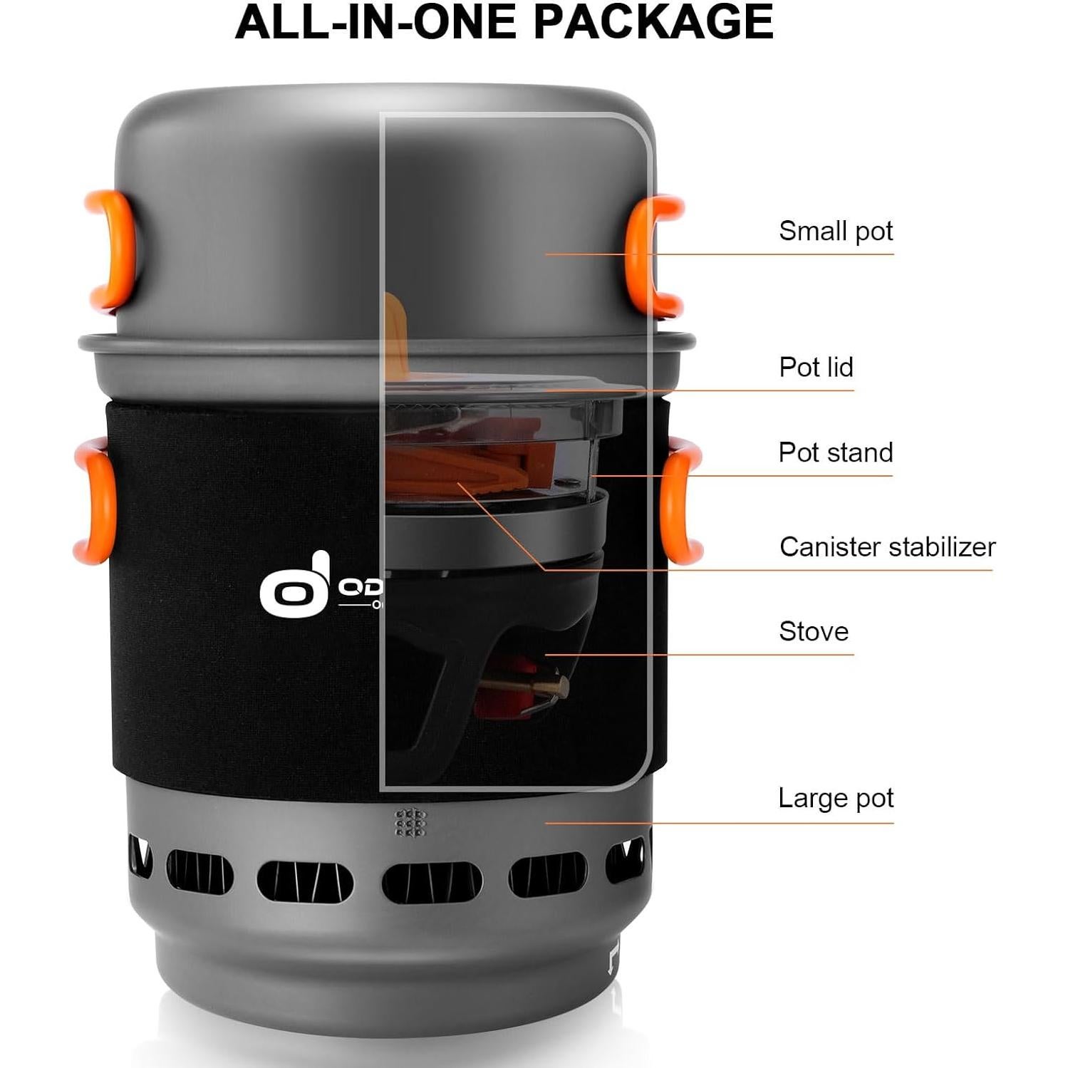 Heat Exchange Camping Pot with Backpacking Stove 7-In-1 Camping Cookware Mess Kit for Hiking, Trekking, Fishing and Picnic