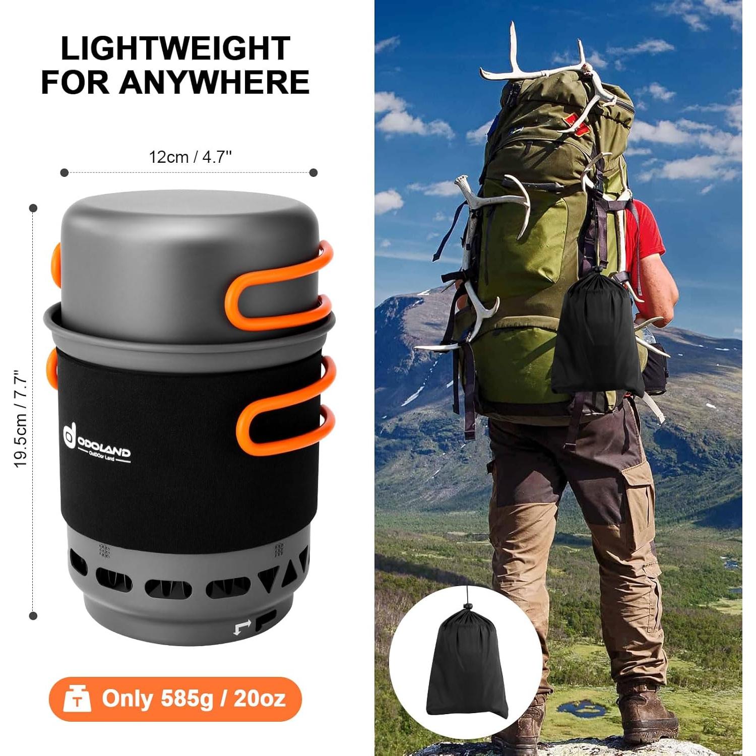 Heat Exchange Camping Pot with Backpacking Stove 7-In-1 Camping Cookware Mess Kit for Hiking, Trekking, Fishing and Picnic