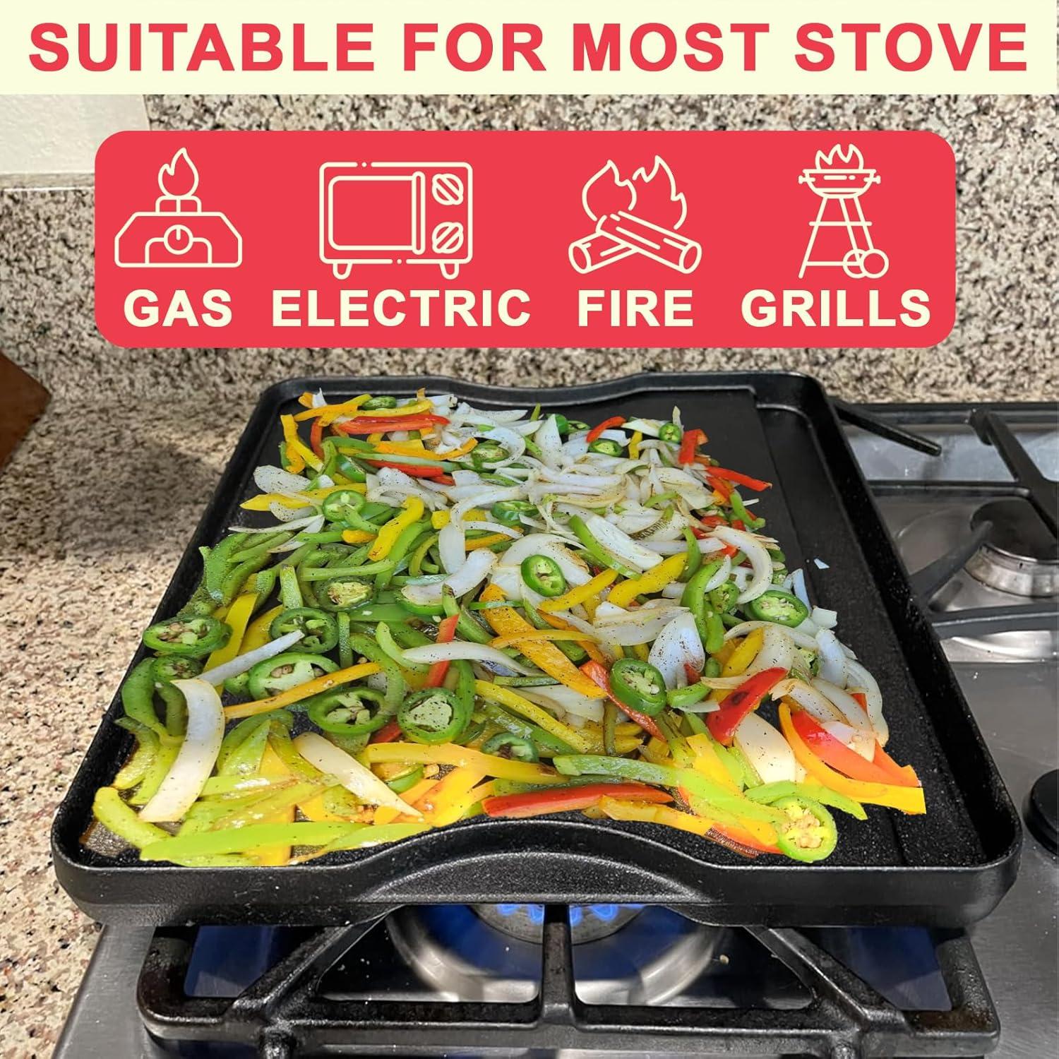 Cast Iron Reversible Griddle for Camp Chef, Universal Stove Top Griddle for Most 4 Burner Stove/Charcoal/Gas/Propane/Electric Grill Pan, Large Flat Top Plate for Outdoor Camping Accessories,16" x 24"