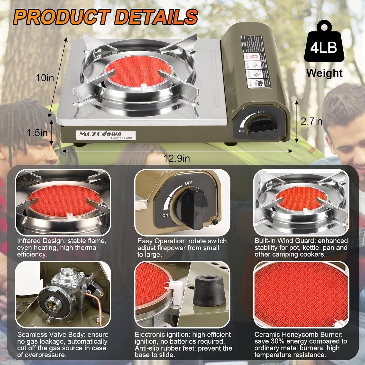 Dual Fuel Camp Stove, 8000 BTU Infrared Butane & Propane Portable Gas Stove, Windproof Single Burner with Carrying Case | Storage Bag | Hose Adapter, Outdoor Camping Essentials