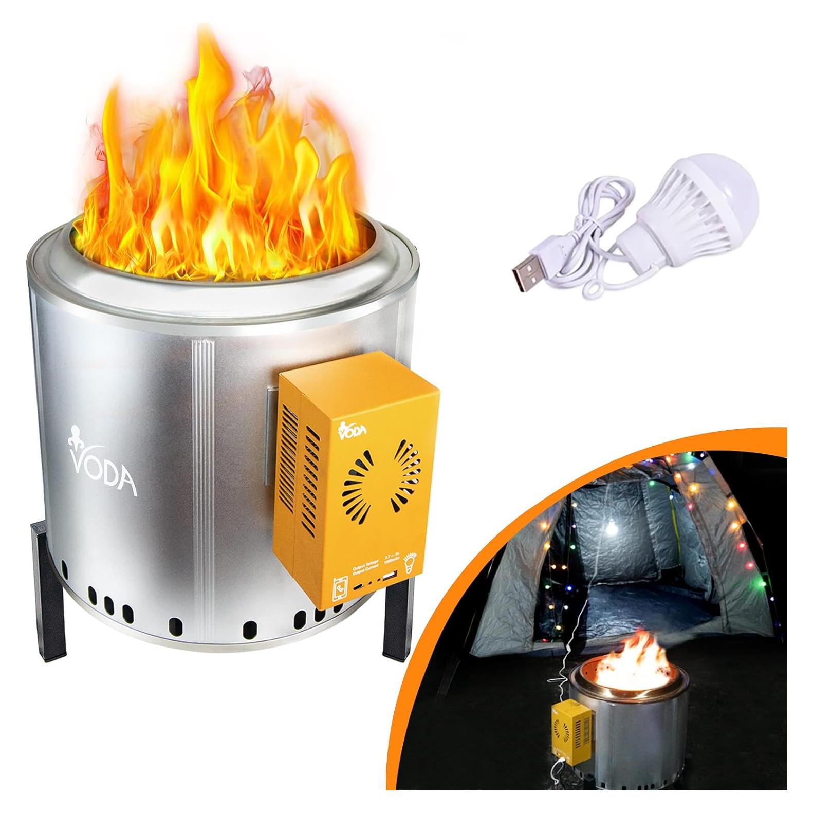 VODA Smokeless Firepit 15 Inch, Outdoor Fire Pit with Patented Heat Powered Generator for Charging Cell Phones & Lighting Power Supply, Smokeless Fire Pit with Carry Bag for Camping, Backyard, Patio