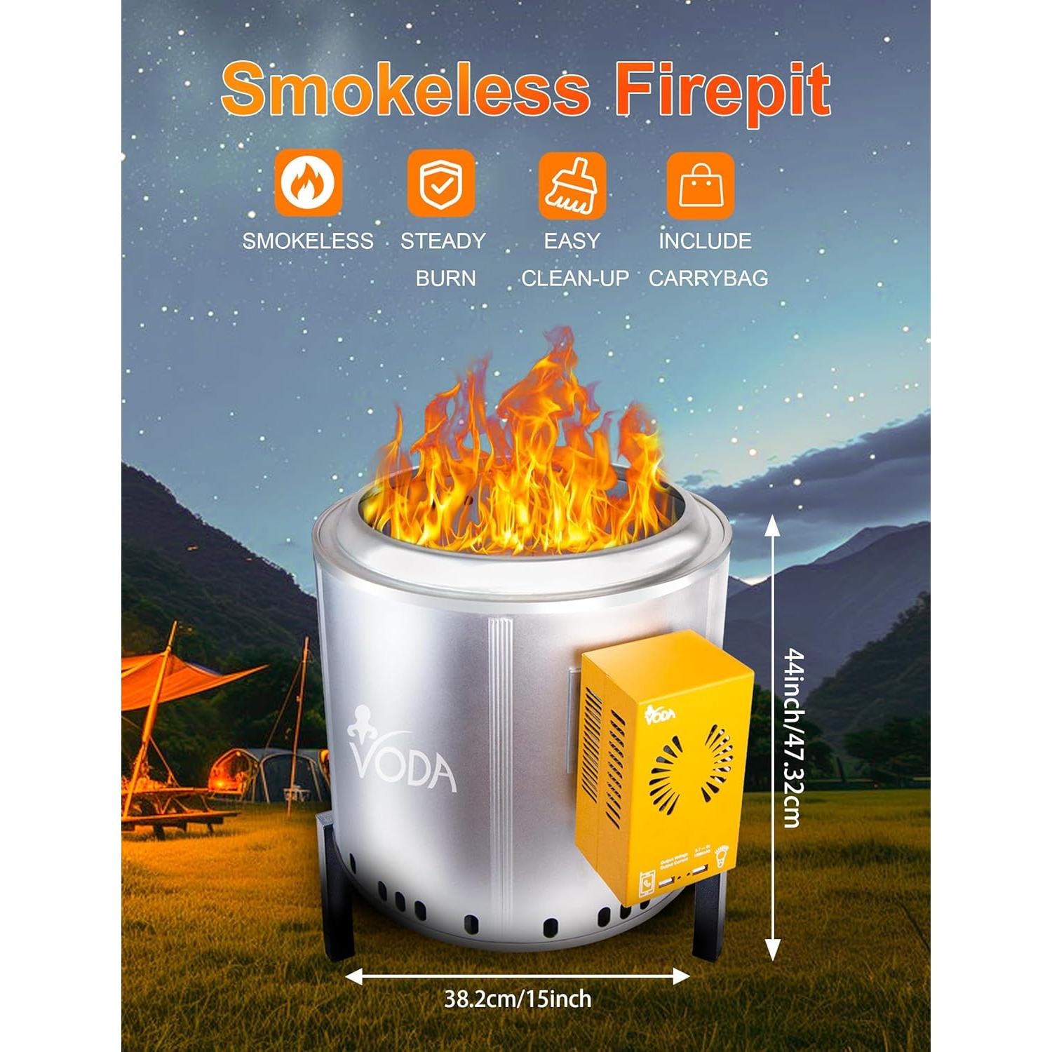 VODA Smokeless Firepit 15 Inch, Outdoor Fire Pit with Patented Heat Powered Generator for Charging Cell Phones & Lighting Power Supply, Smokeless Fire Pit with Carry Bag for Camping, Backyard, Patio