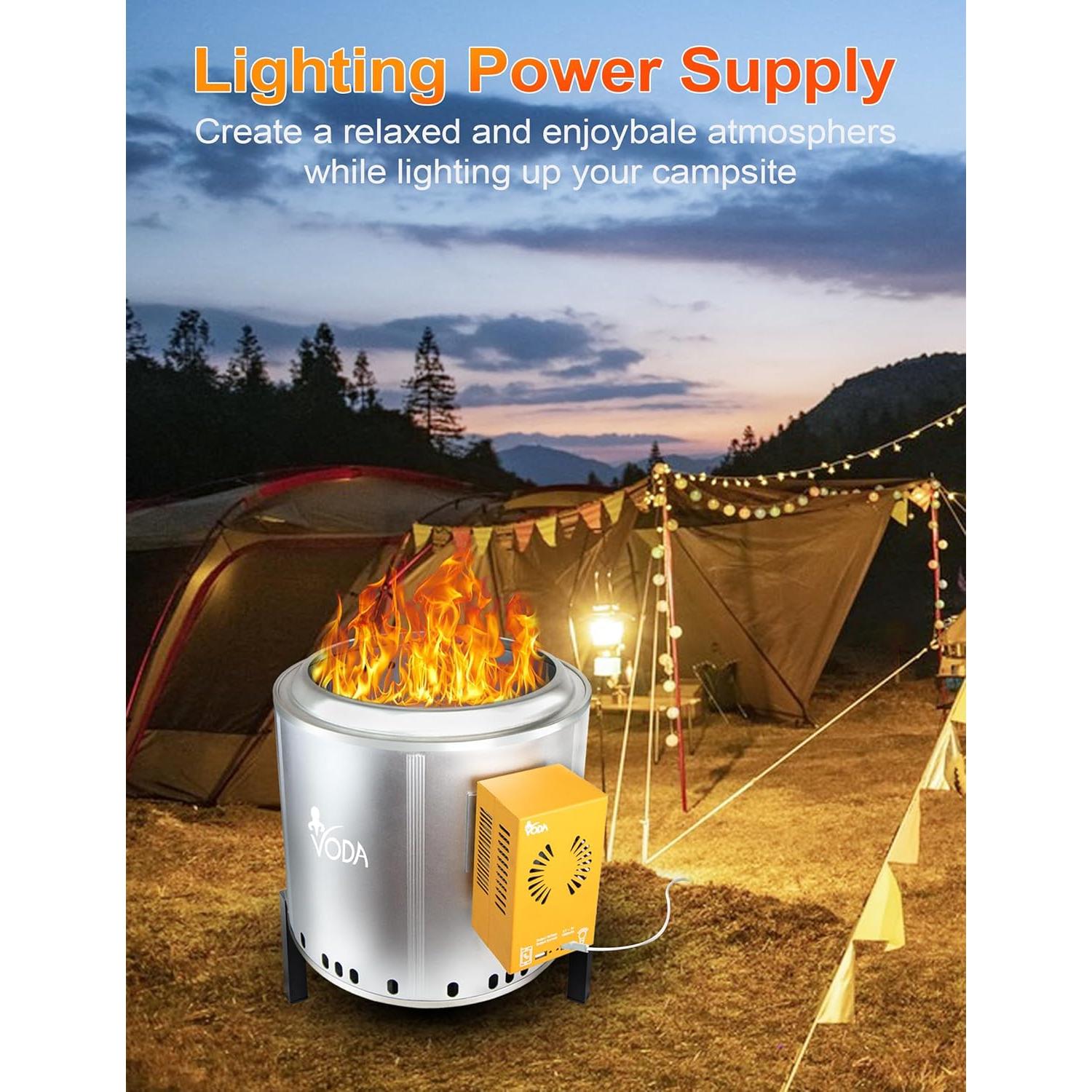 VODA Smokeless Firepit 15 Inch, Outdoor Fire Pit with Patented Heat Powered Generator for Charging Cell Phones & Lighting Power Supply, Smokeless Fire Pit with Carry Bag for Camping, Backyard, Patio