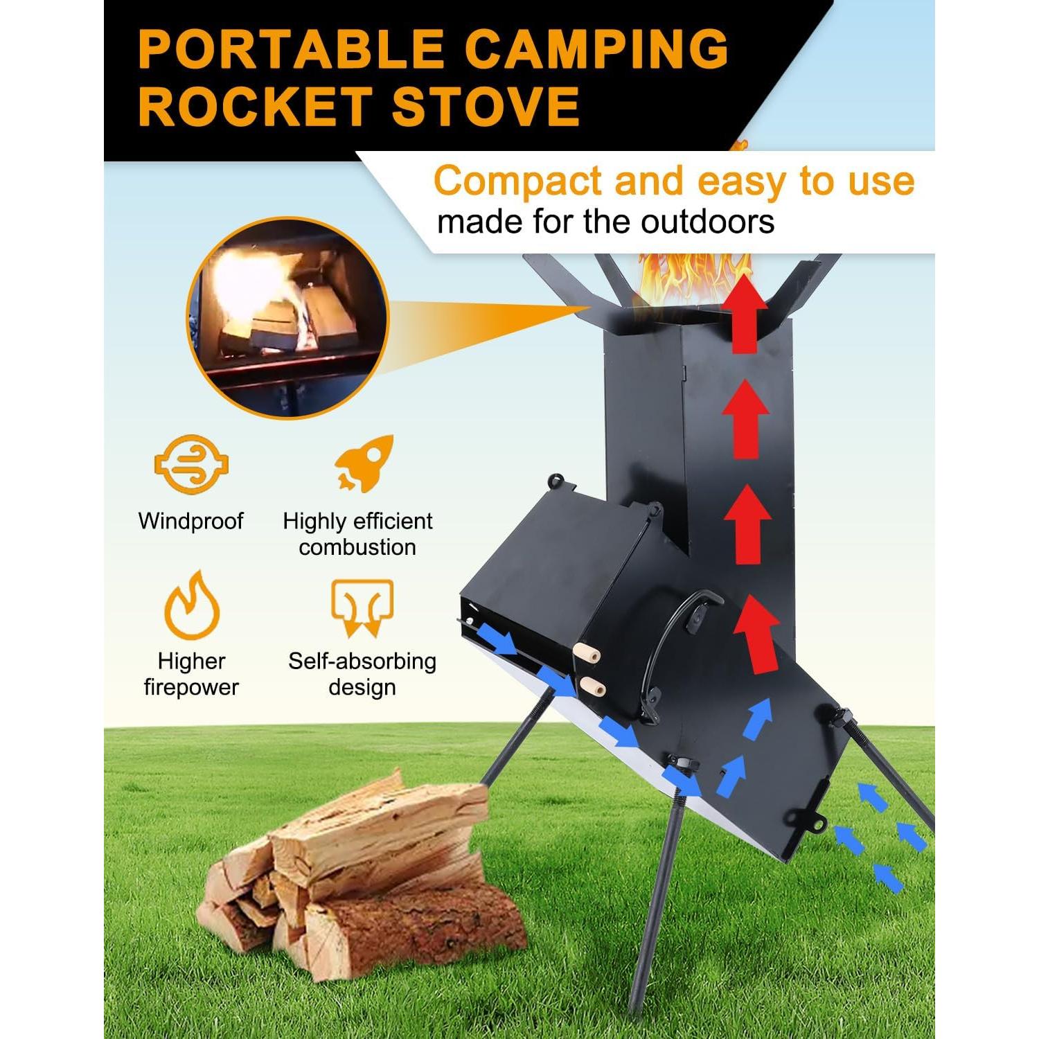 Portable Rocket Stove for Cooking Wood Burning Stove Outdoor Camping Living BBQ Picnic Emergency Survival Stove Small Outdoor Woodstove