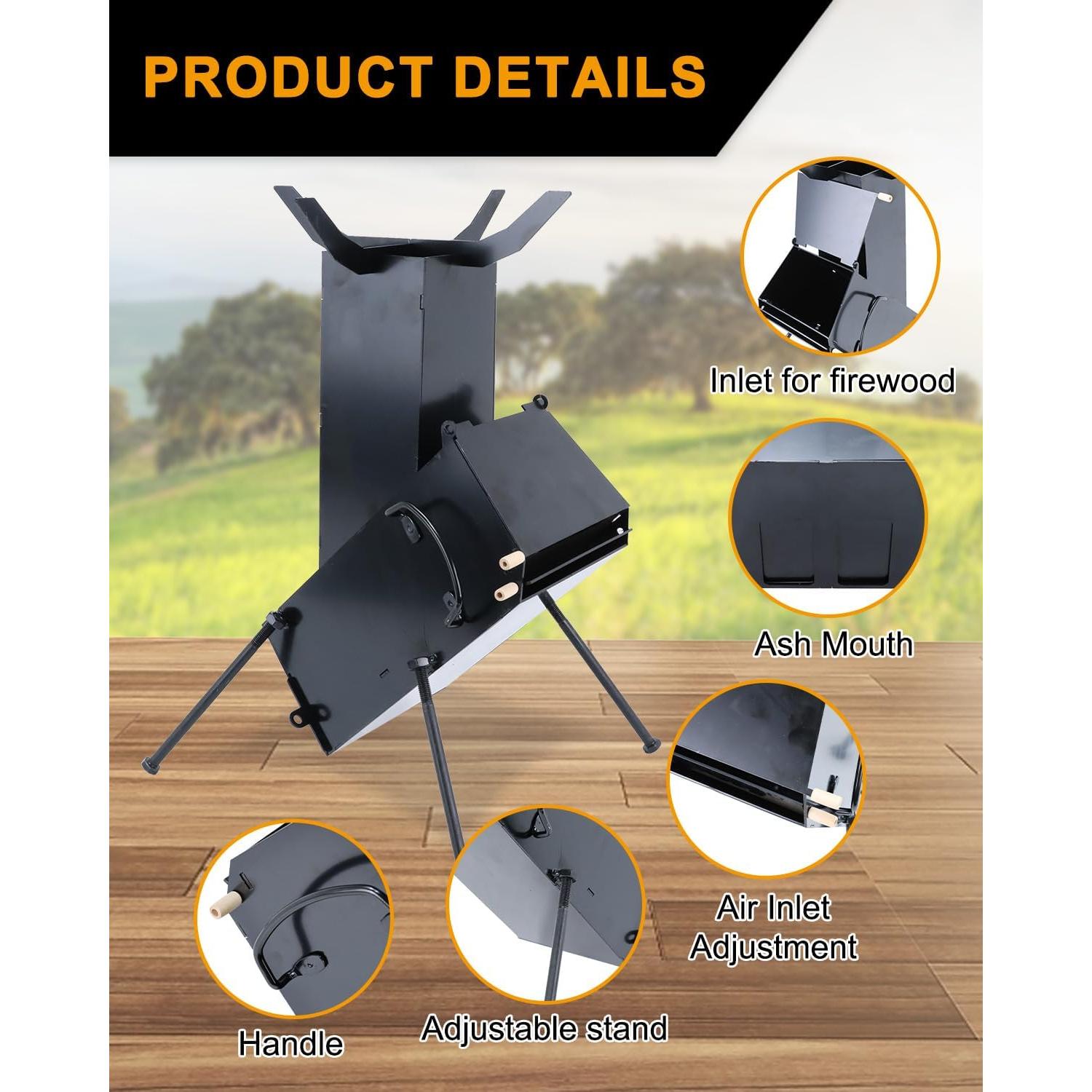 Portable Rocket Stove for Cooking Wood Burning Stove Outdoor Camping Living BBQ Picnic Emergency Survival Stove Small Outdoor Woodstove