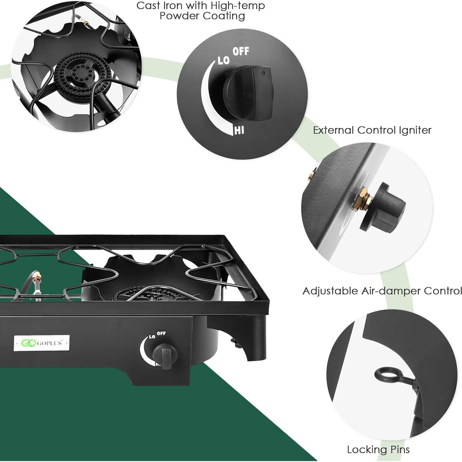 Estufa de Camping Goplus Doble Quemador 150,000 BTU Hierro Fundido