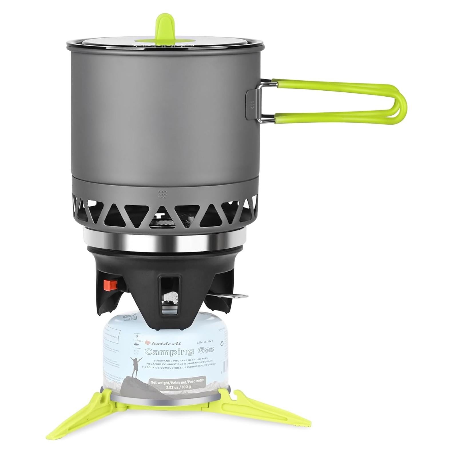 1.2L Backpacking Camping Stove Cooking System with Piezo Ignition, Outdoor Portable Burner with Pot & Brackets Camp Stove Camping Stove Kit Propane, Ideal for Hiking Fishing Hunting Emergency