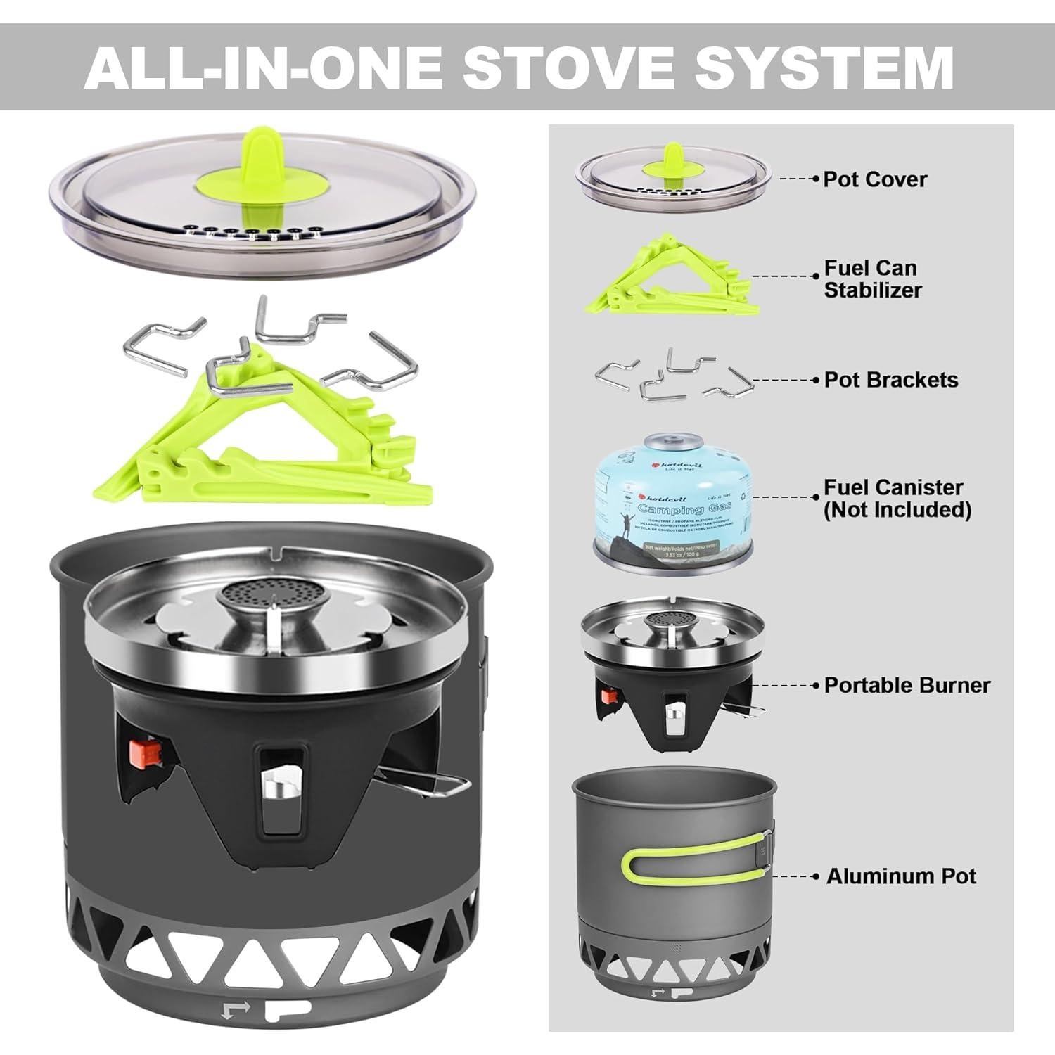 1.2L Backpacking Camping Stove Cooking System with Piezo Ignition, Outdoor Portable Burner with Pot & Brackets Camp Stove Camping Stove Kit Propane, Ideal for Hiking Fishing Hunting Emergency