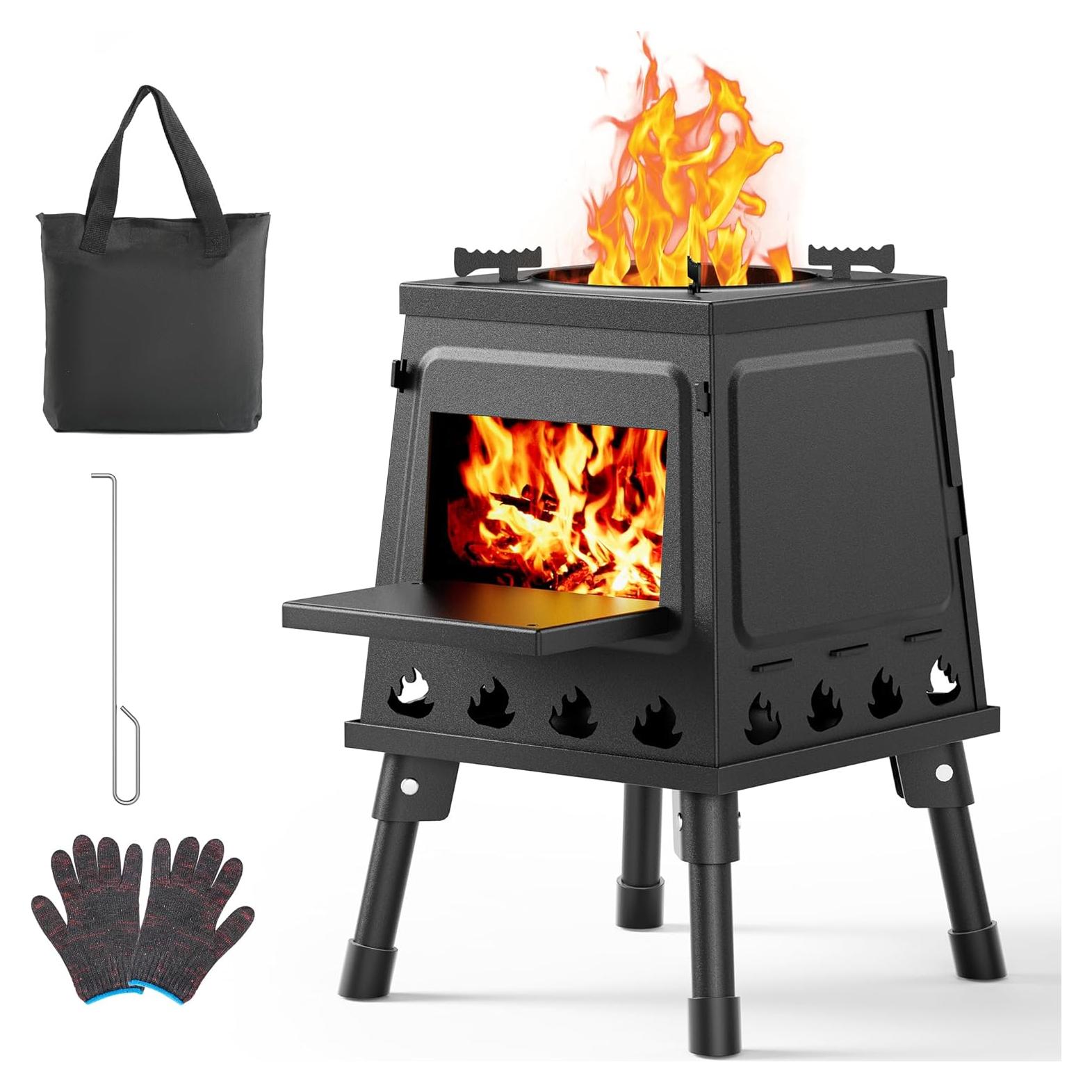 Camping Wood Stove, Small Portable Cast Iron Wood Stove: Compact Outdoor Cooking Solution with Carrying Bag