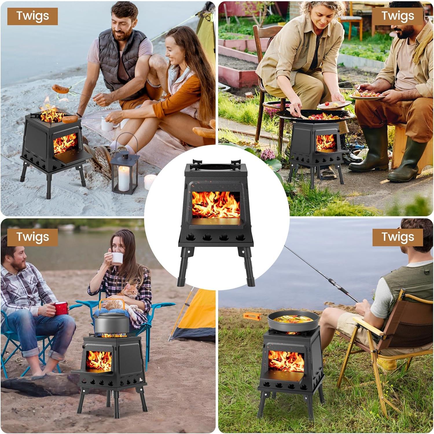 Camping Wood Stove, Small Portable Cast Iron Wood Stove: Compact Outdoor Cooking Solution with Carrying Bag
