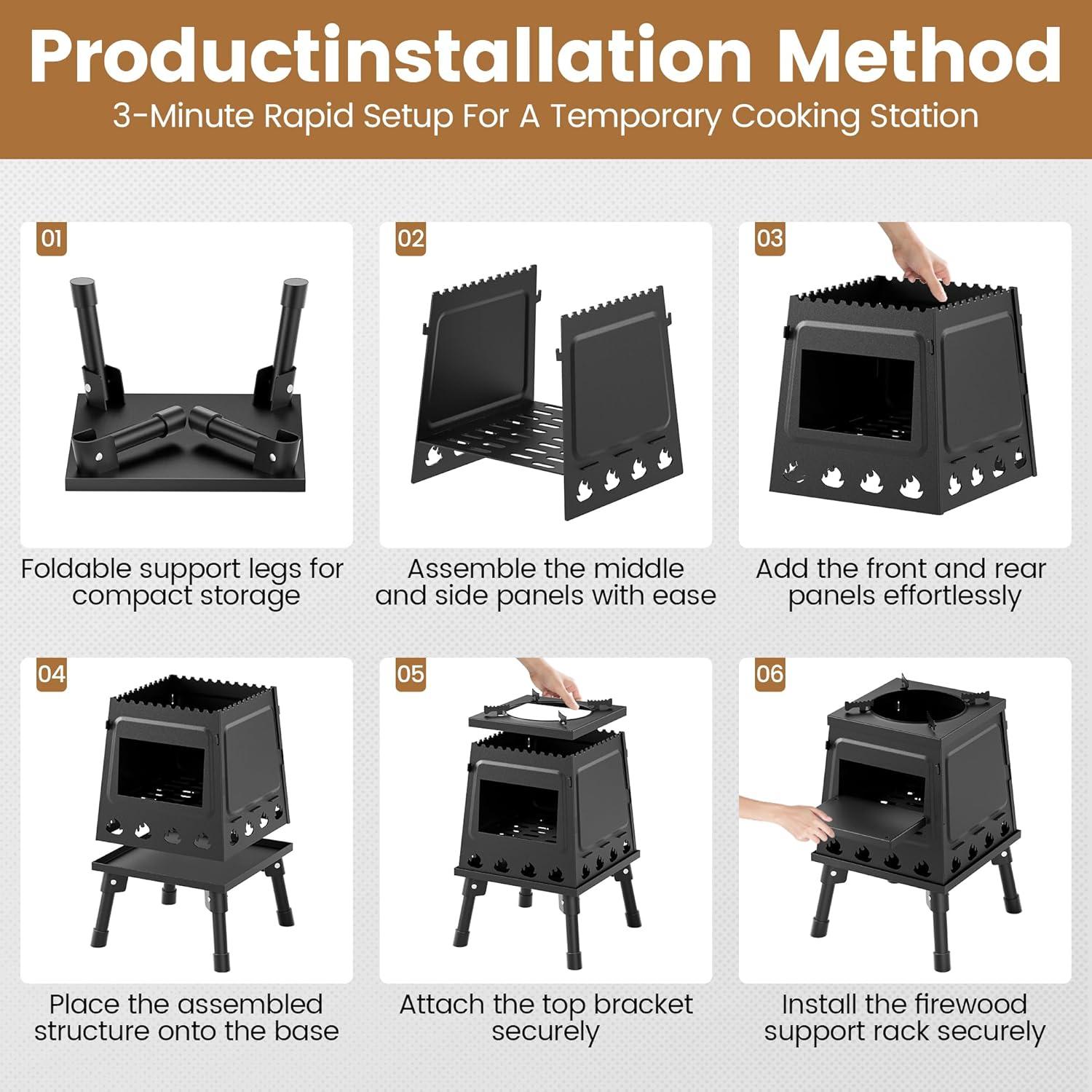 Camping Wood Stove, Small Portable Cast Iron Wood Stove: Compact Outdoor Cooking Solution with Carrying Bag