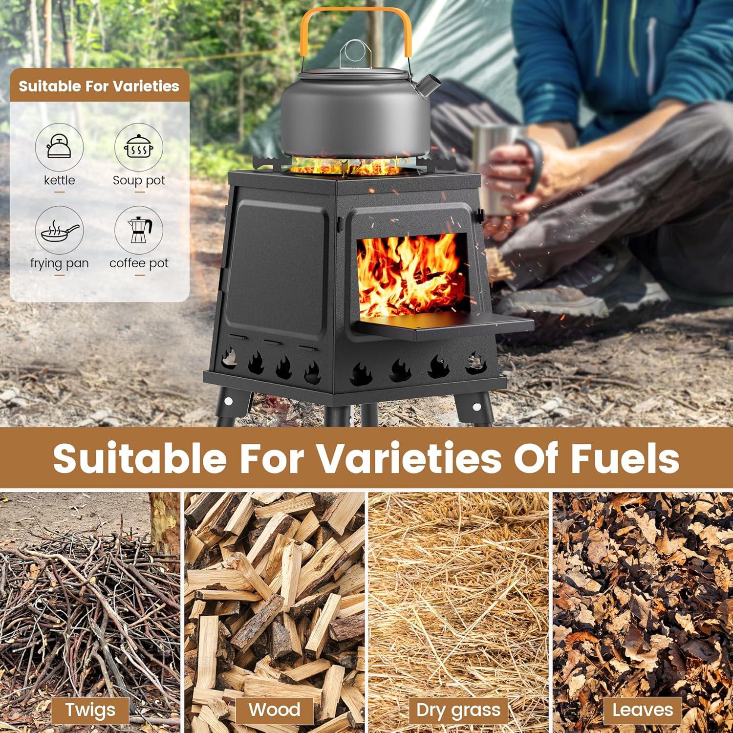 Camping Wood Stove, Small Portable Cast Iron Wood Stove: Compact Outdoor Cooking Solution with Carrying Bag
