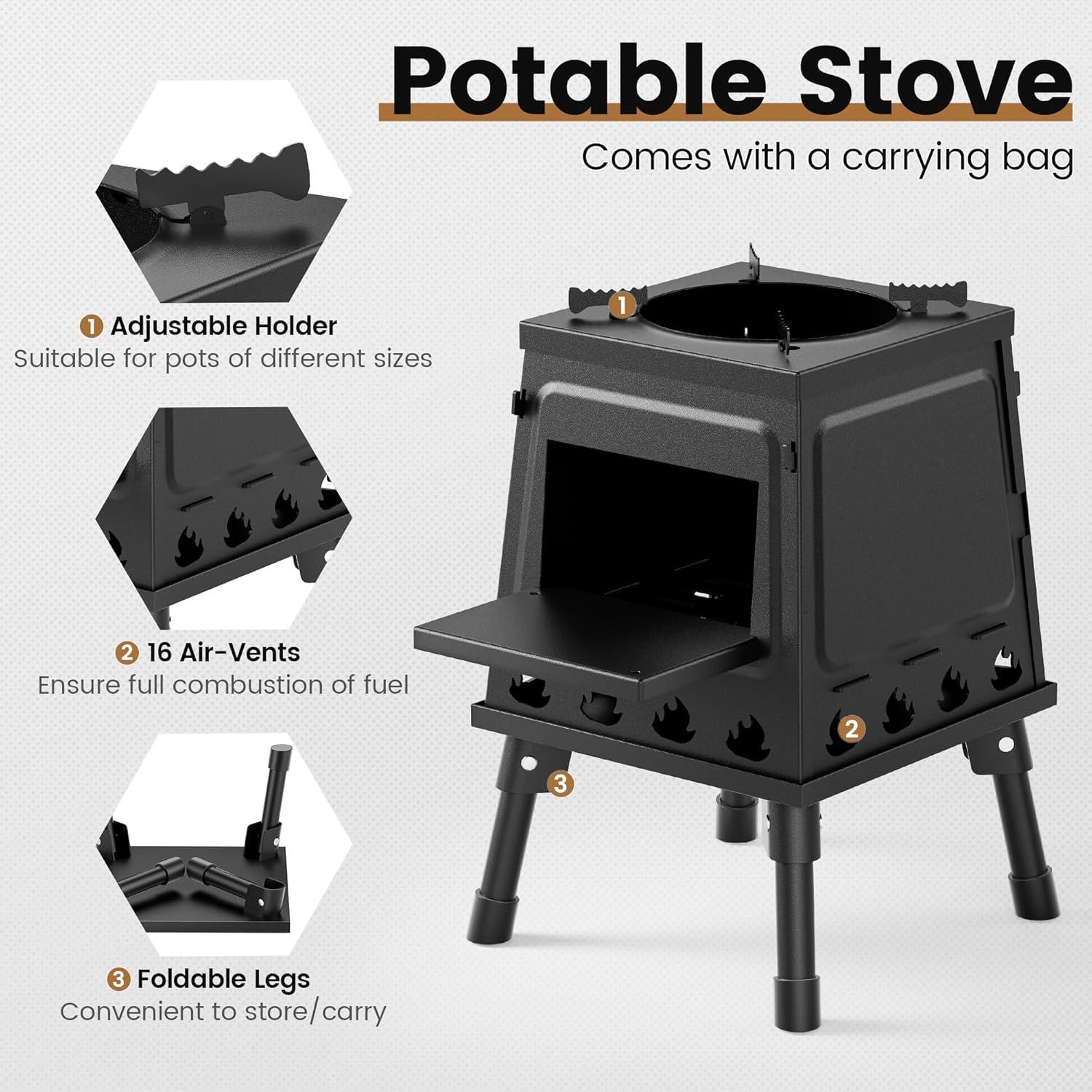 Camping Wood Stove, Small Portable Cast Iron Wood Stove: Compact Outdoor Cooking Solution with Carrying Bag