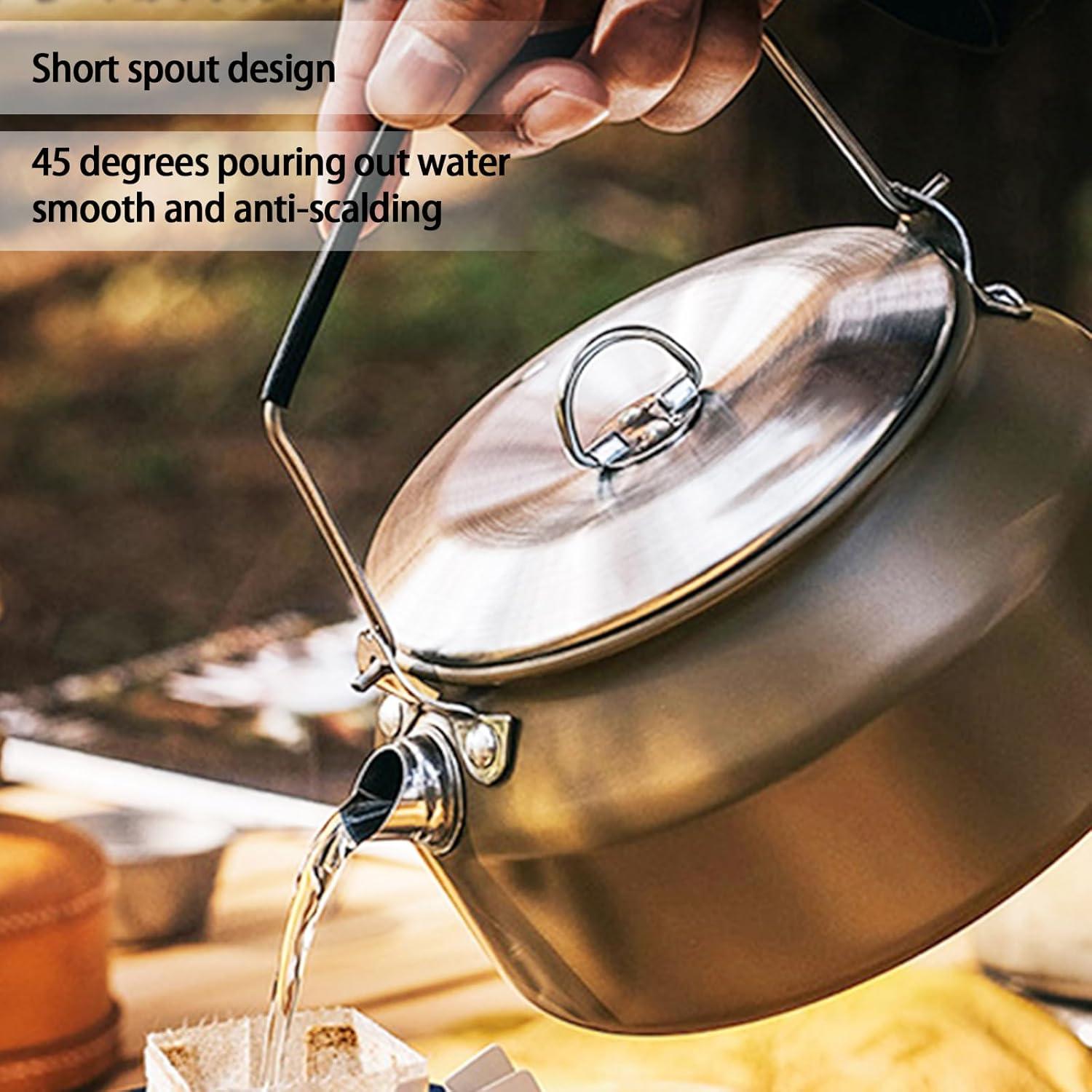 Camping Kettle Outdoor Campfire Camp Kettle, 1L Stainless Steel camping tea kettle Coffee Pot, Portable Lightweight Teapot Fast Heating Boiling Water, Ideal for Hiking Picnic Travel, Silver