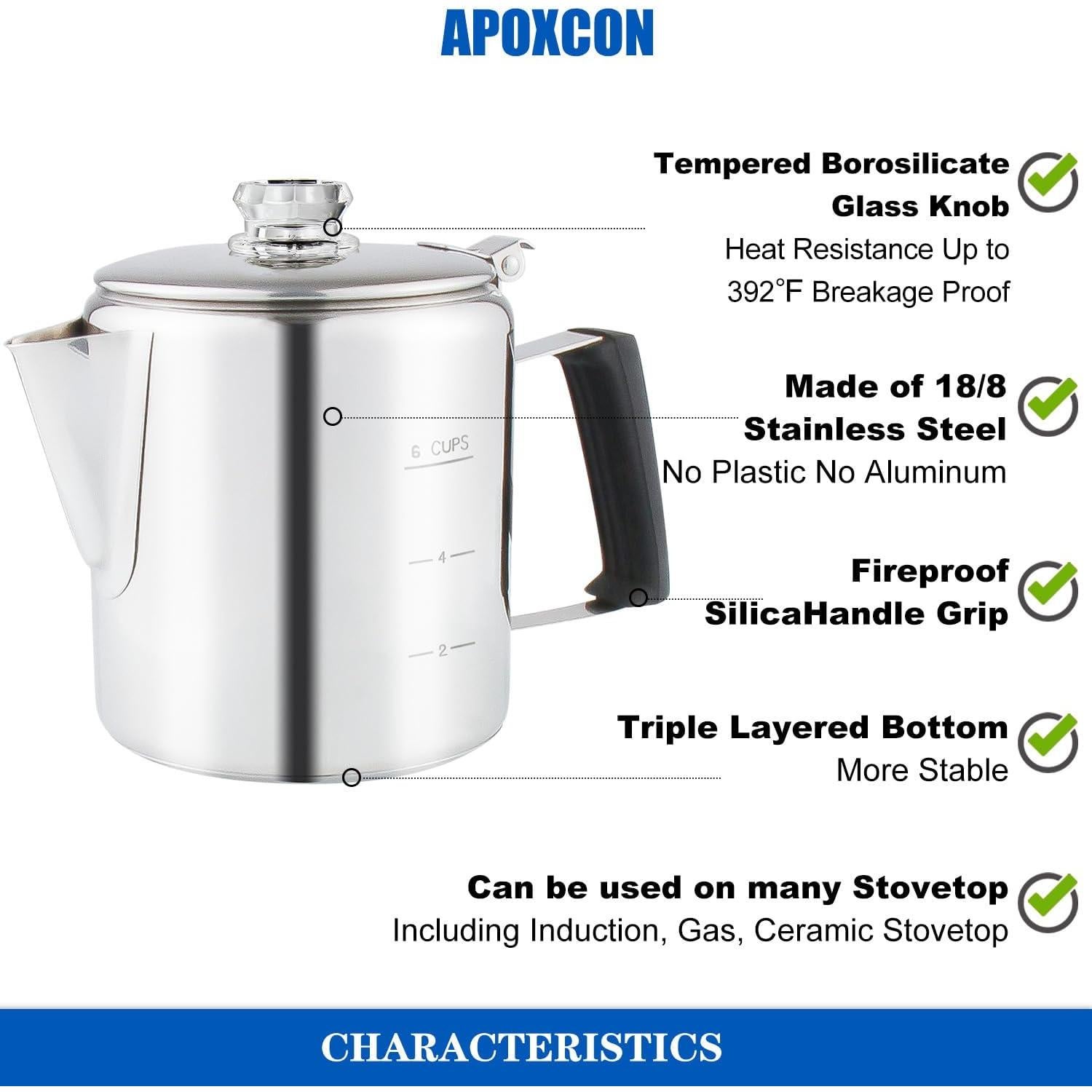 Cafetera Percoladora de Acero Inoxidable APOXCON 6 Tazas