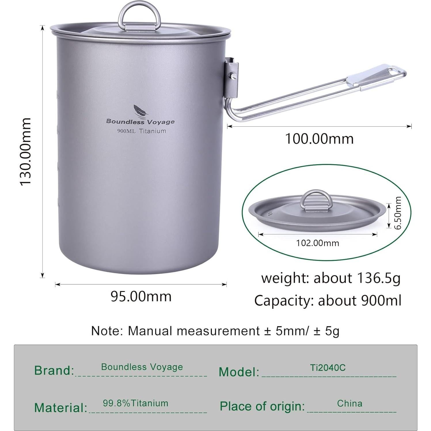 Ultralight Portable 900ml Outdoor Titanium Pot with Lid Folding Handle Camping Water Rice Food Bowl Cup Mug Bottle Ti15103B11