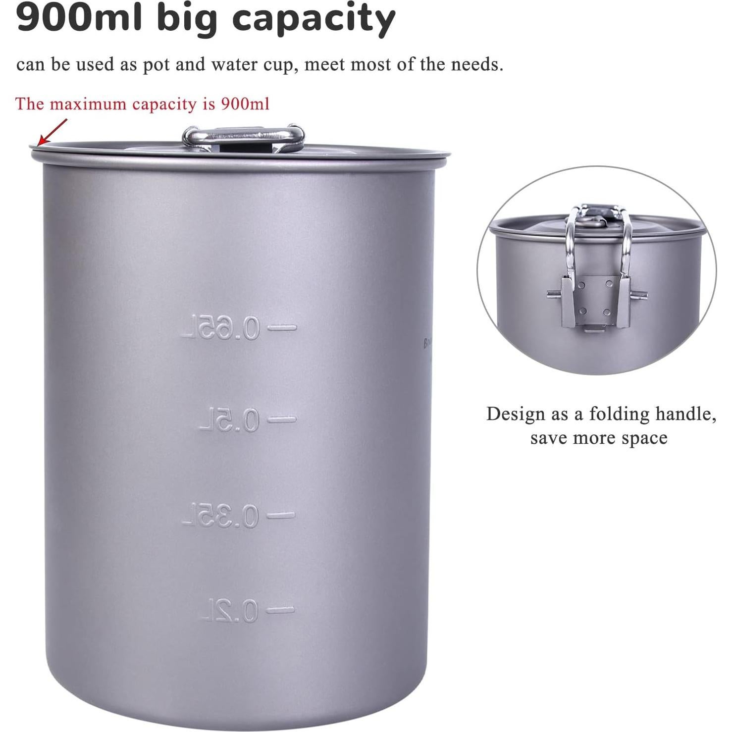 Ultralight Portable 900ml Outdoor Titanium Pot with Lid Folding Handle Camping Water Rice Food Bowl Cup Mug Bottle Ti15103B11