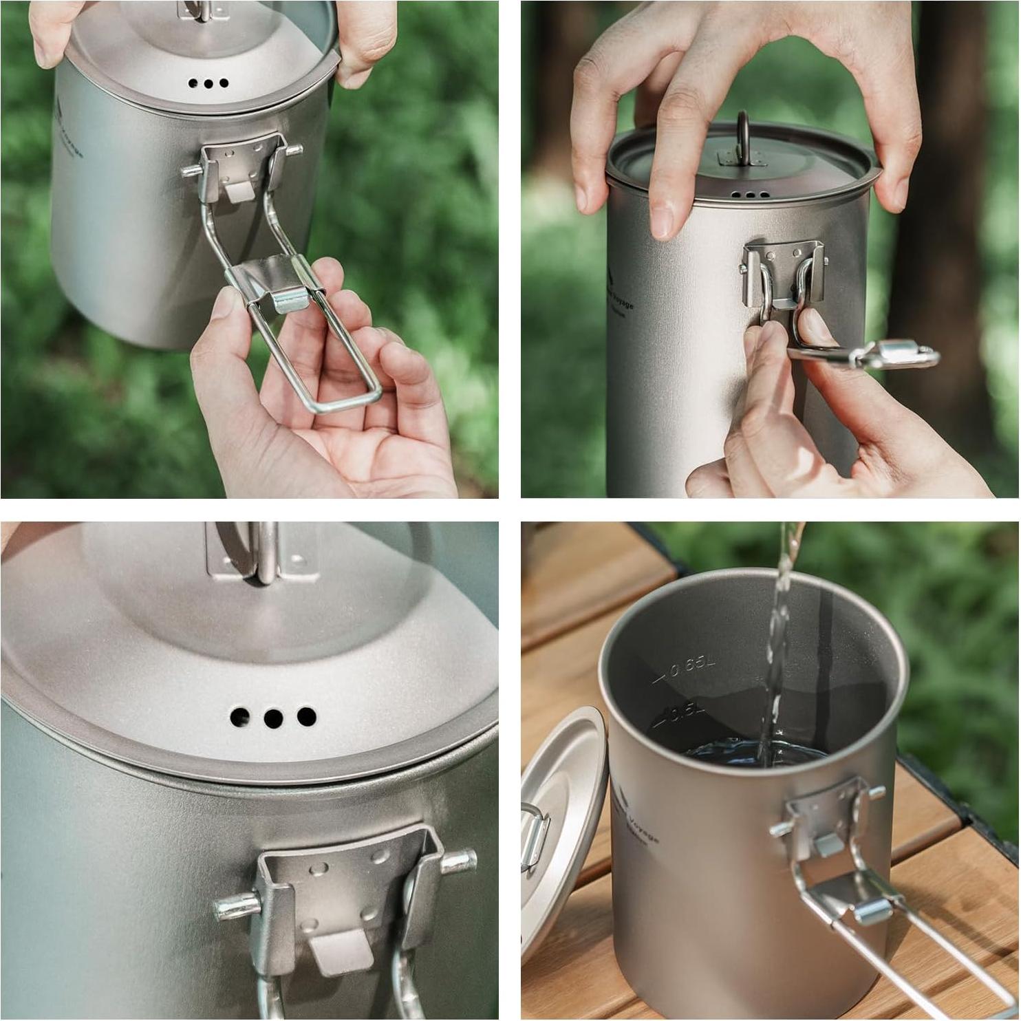 Ultralight Portable 900ml Outdoor Titanium Pot with Lid Folding Handle Camping Water Rice Food Bowl Cup Mug Bottle Ti15103B11