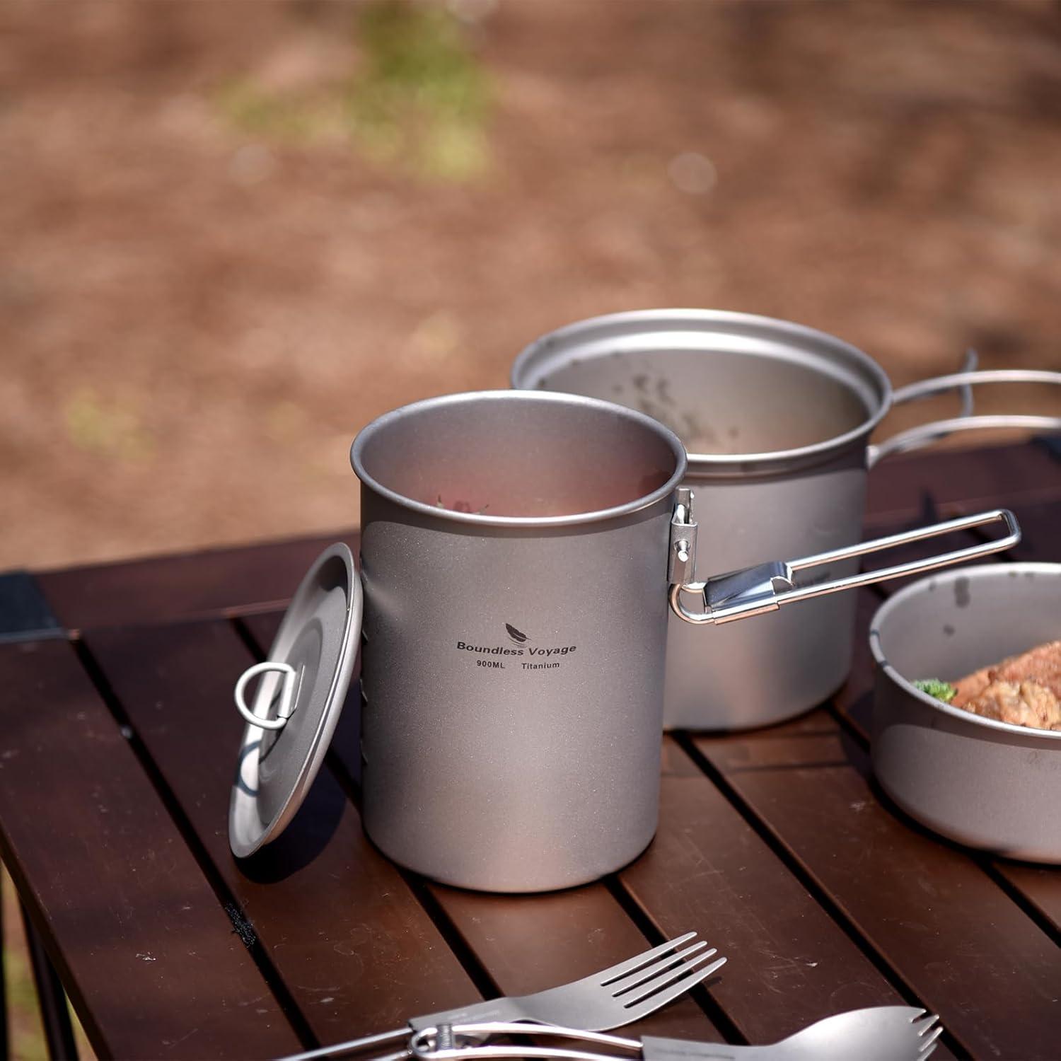 Ultralight Portable 900ml Outdoor Titanium Pot with Lid Folding Handle Camping Water Rice Food Bowl Cup Mug Bottle Ti15103B11