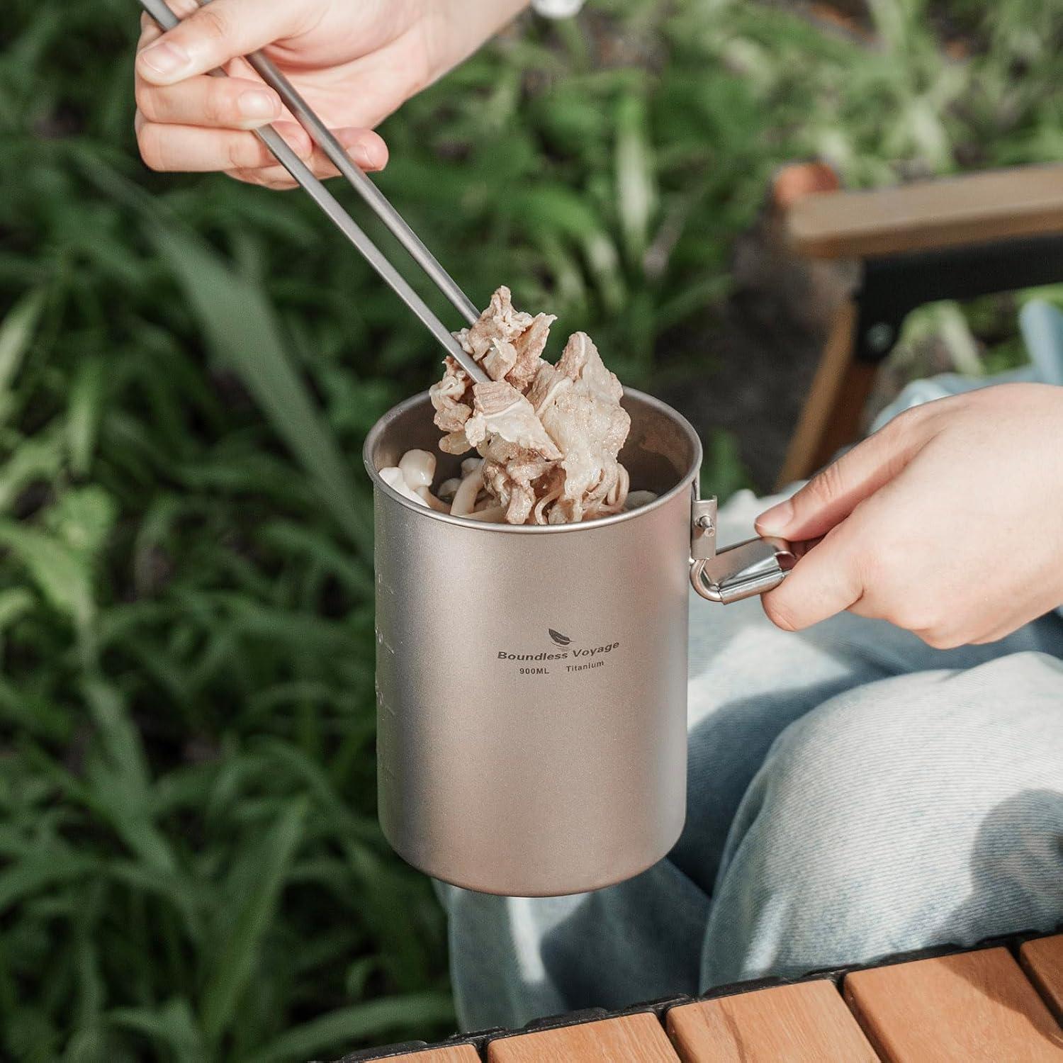 Ultralight Portable 900ml Outdoor Titanium Pot with Lid Folding Handle Camping Water Rice Food Bowl Cup Mug Bottle Ti15103B11