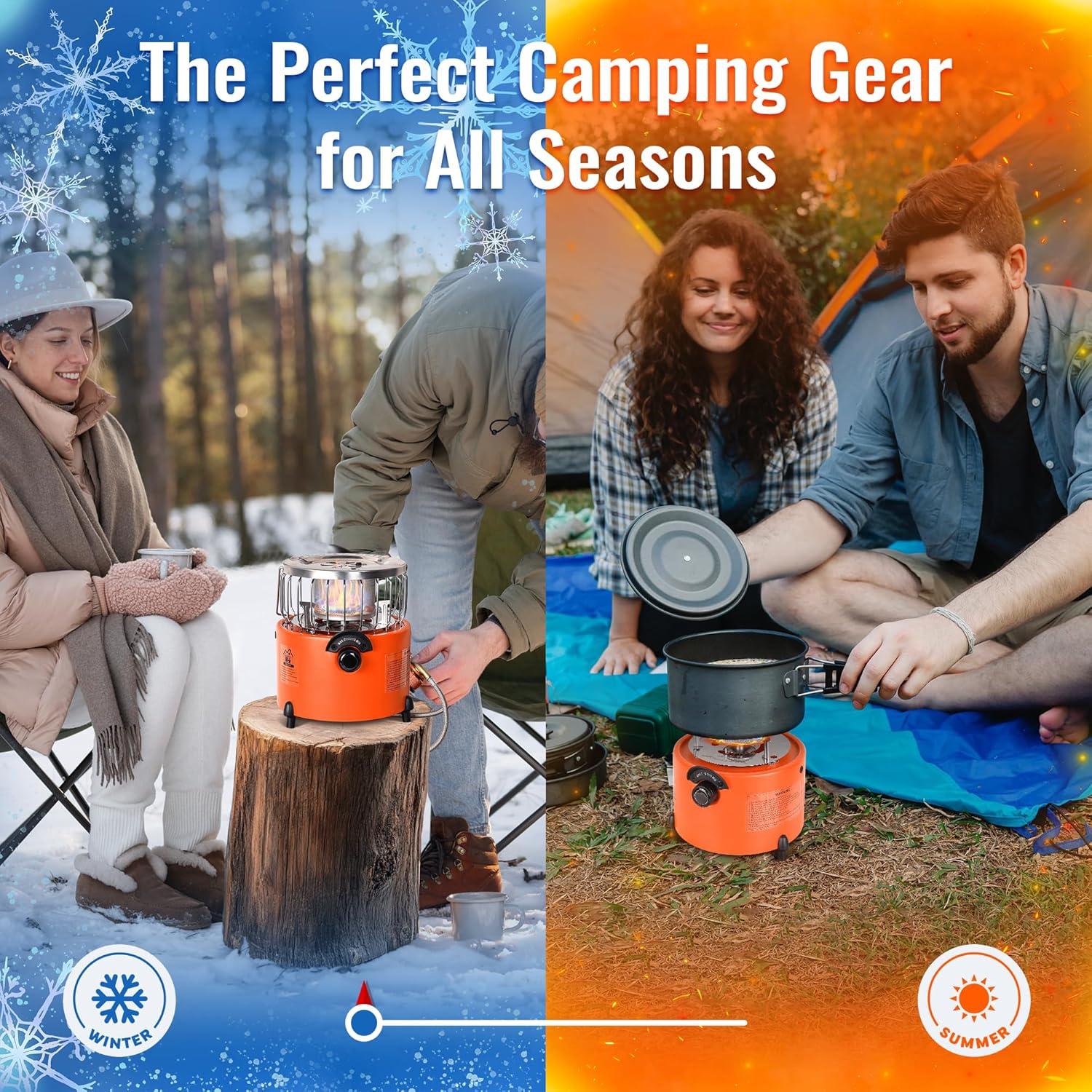 2 in 1 Portable Propane Camping Stove and Heater, Mini Cooking Stove with Hose Connector, Outdoor Propane Heater Gas Stove for Patio, Tent, Ice Fishing, Emergency Use Burner