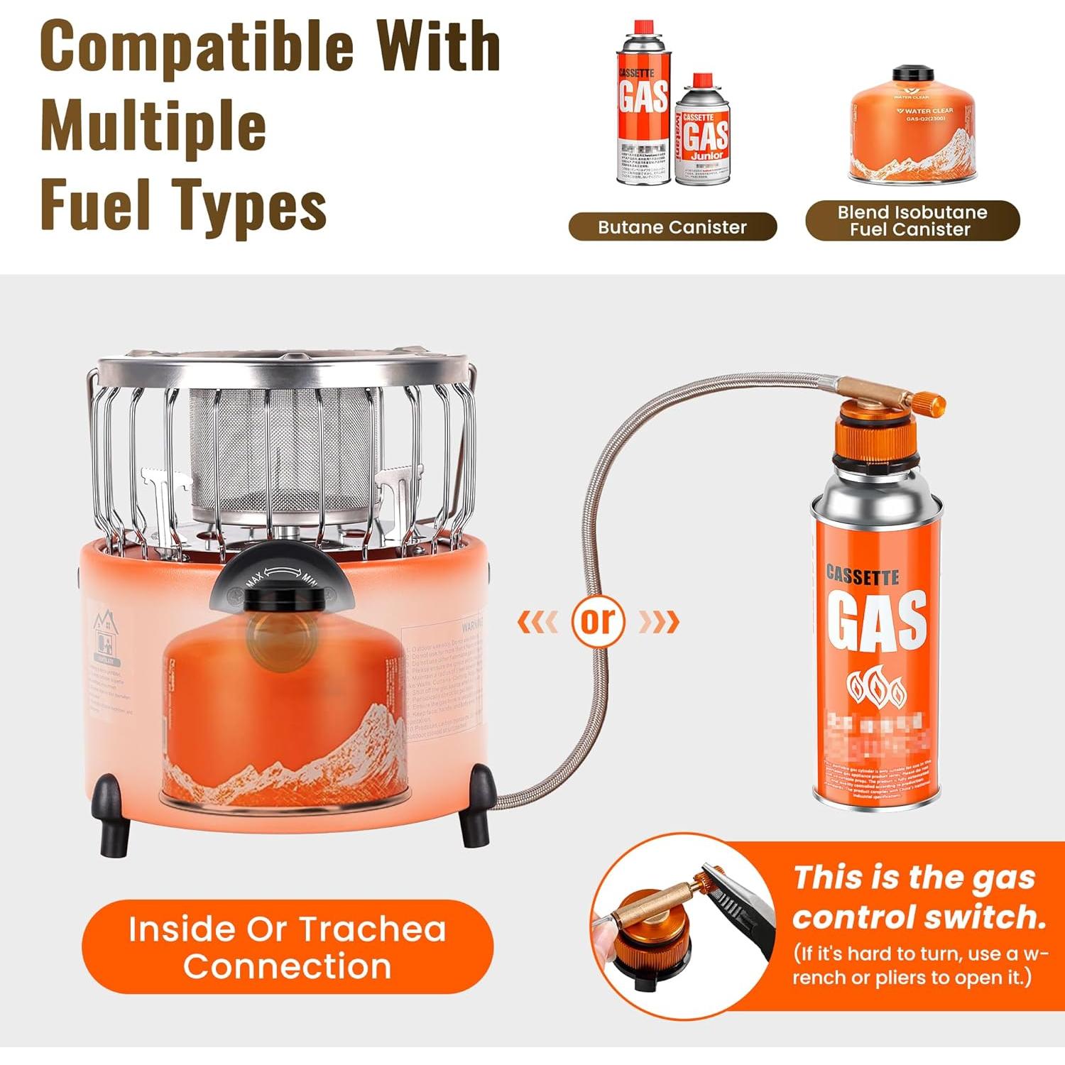 2 in 1 Portable Propane Camping Stove and Heater, Mini Cooking Stove with Hose Connector, Outdoor Propane Heater Gas Stove for Patio, Tent, Ice Fishing, Emergency Use Burner