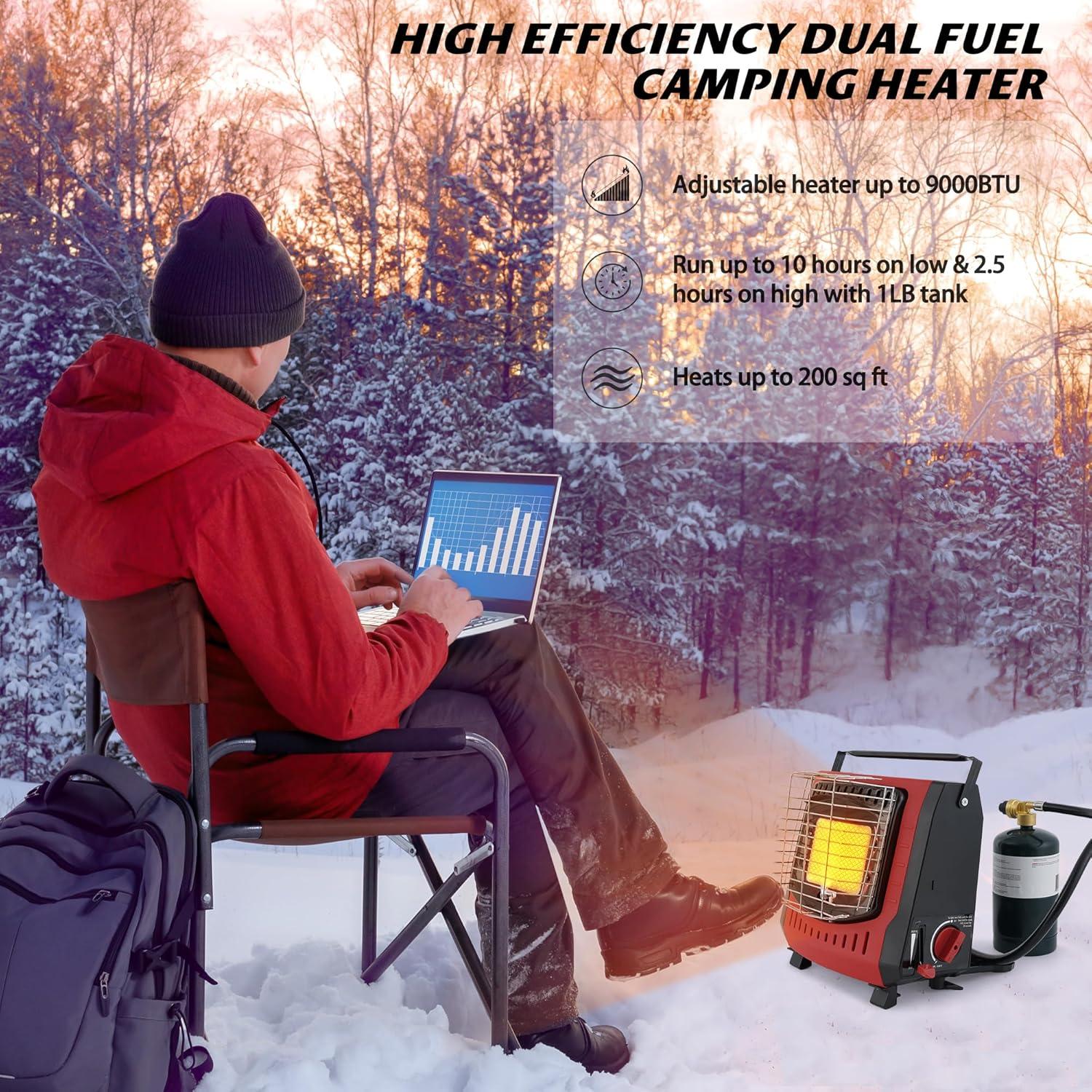 Upgrade Dual Fuel Portable Outdoor Heater with self ignition,Fuel by Butane/Propane, 9000BTU,Tip-over|Low-Oxygen Safety Shutoff,Portable Camping Heater for Tents,Camping,Hiking,RV(Fuel not included)