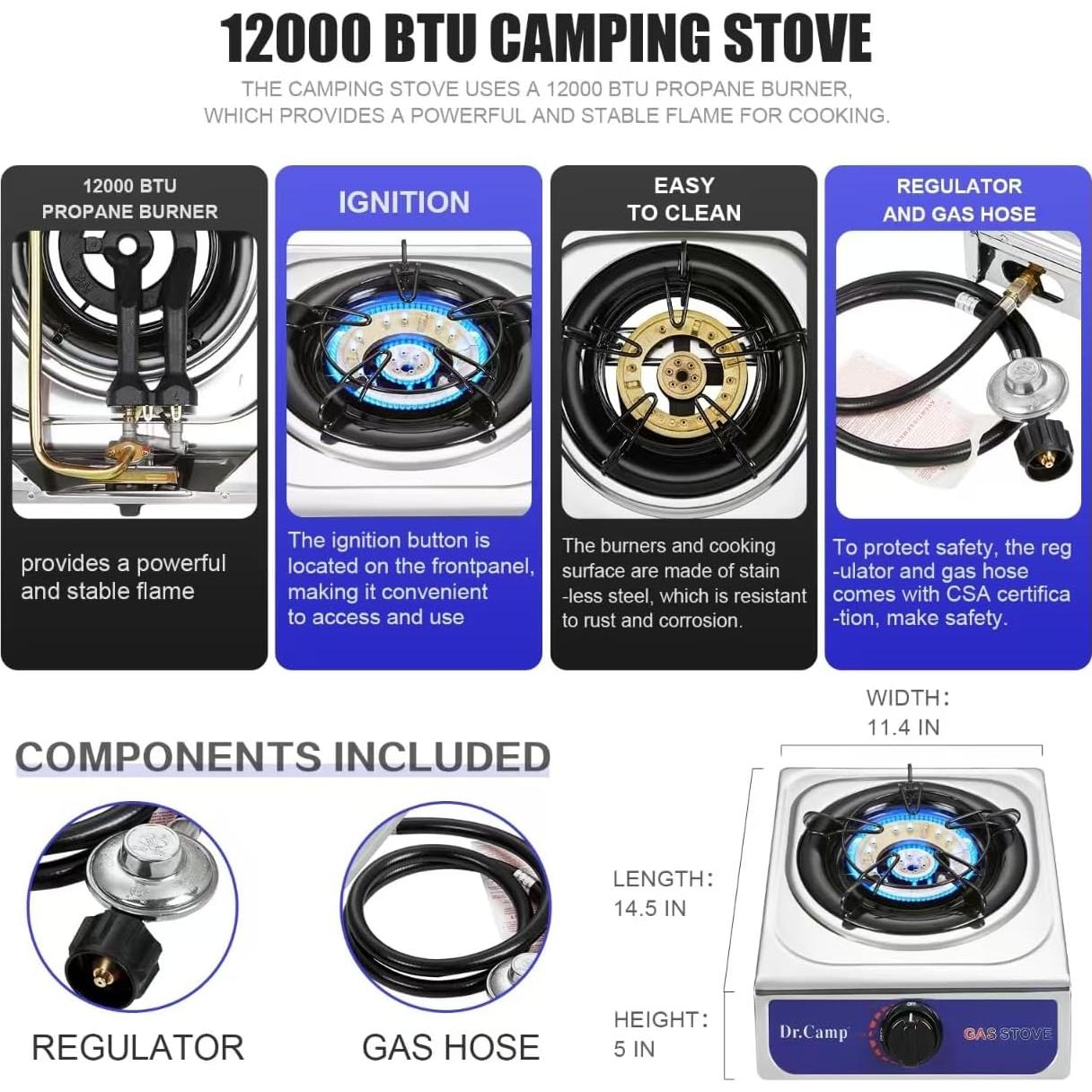 Estufa de Camping Dr.Camp 12000 BTU Acero Inoxidable Automática