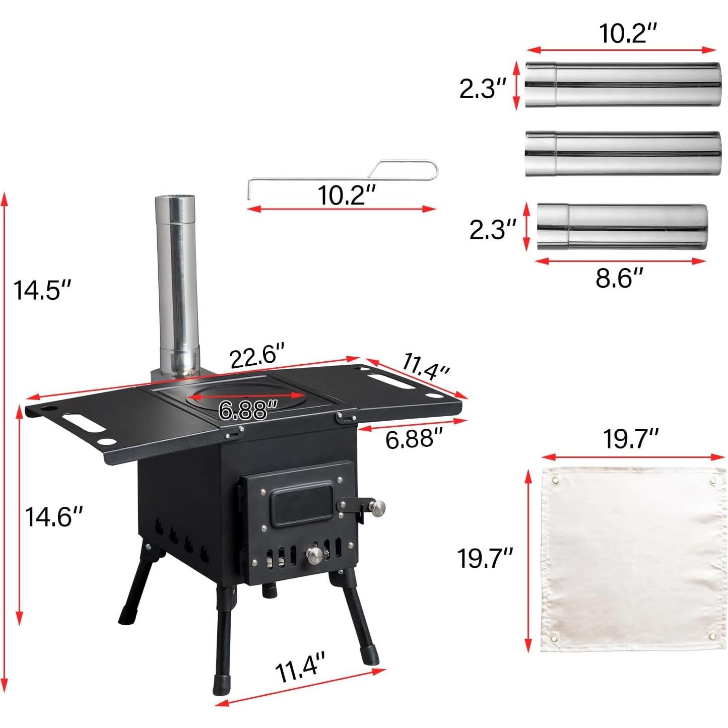 Vasitelan Portable Wood Burning Stove, Outdoor Camping Tent Stove Hot Tent Stove with Extended Chimney Pipes for Cooking Heating BBQ