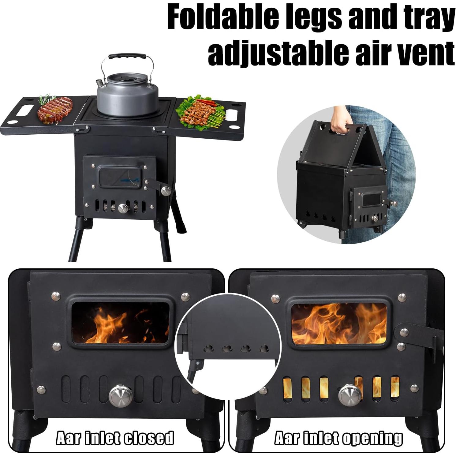 Vasitelan Portable Wood Burning Stove, Outdoor Camping Tent Stove Hot Tent Stove with Extended Chimney Pipes for Cooking Heating BBQ