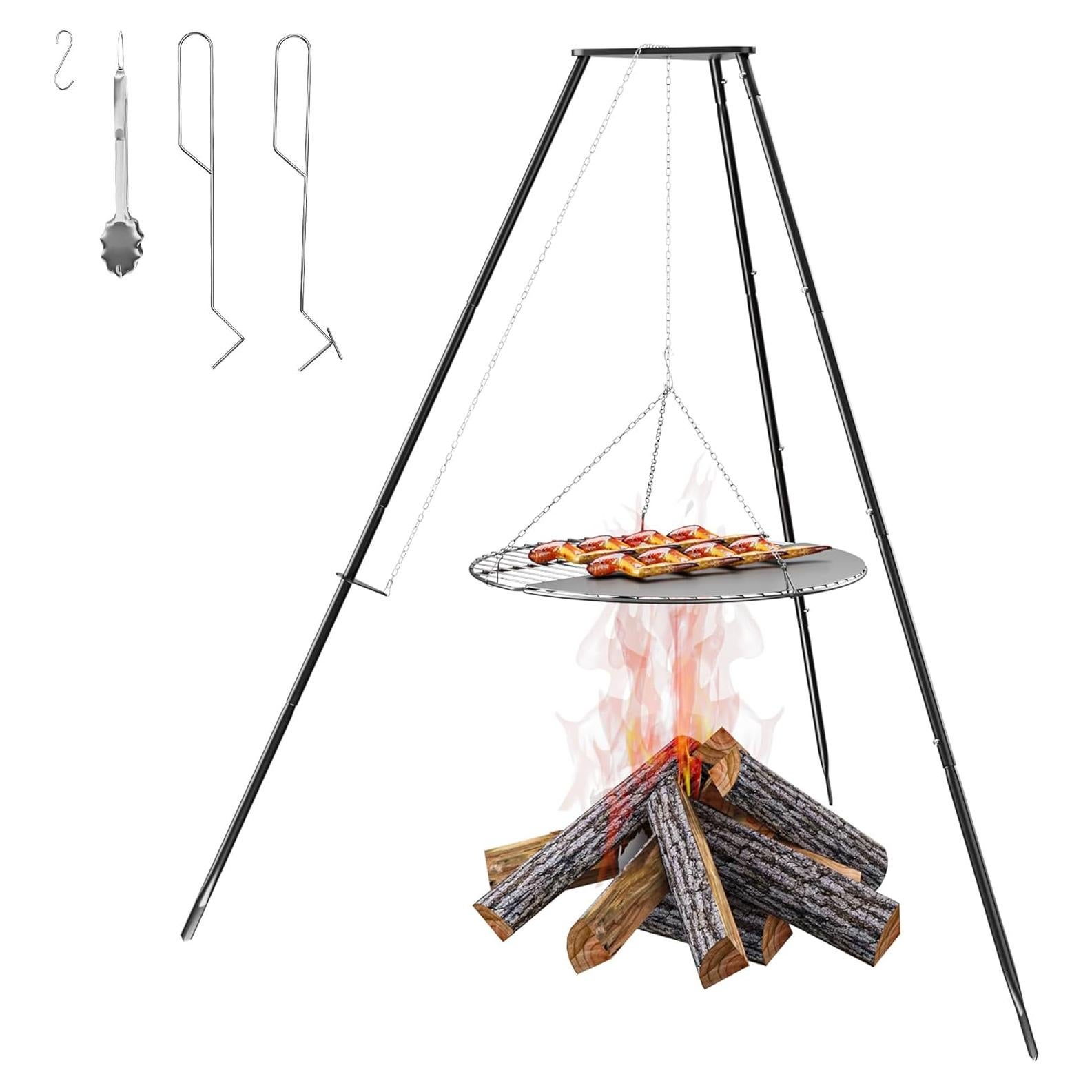 Campfire Tripod for Cooking, Portable & Collapsible Camping Cooking Tripod Grill with Round Grate for BBQ Picnic Outdoor Cookware Party