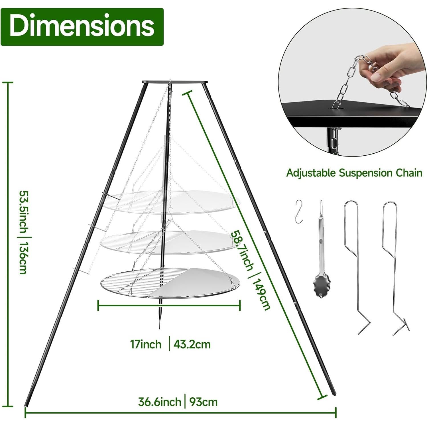 Campfire Tripod for Cooking, Portable & Collapsible Camping Cooking Tripod Grill with Round Grate for BBQ Picnic Outdoor Cookware Party