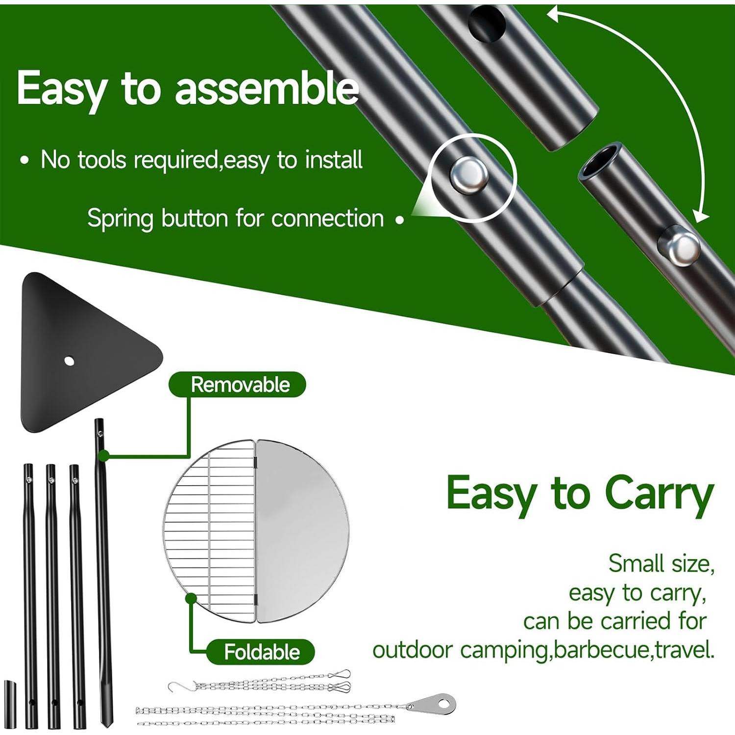 Campfire Tripod for Cooking, Portable & Collapsible Camping Cooking Tripod Grill with Round Grate for BBQ Picnic Outdoor Cookware Party