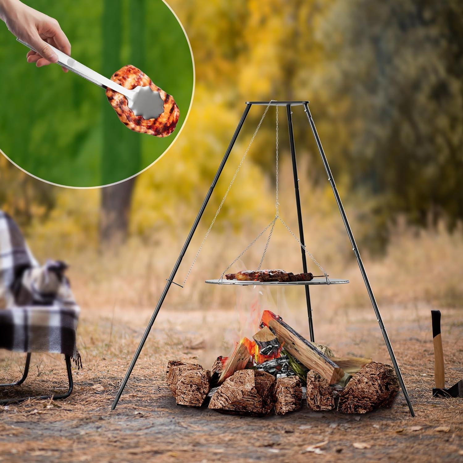 Campfire Tripod for Cooking, Portable & Collapsible Camping Cooking Tripod Grill with Round Grate for BBQ Picnic Outdoor Cookware Party
