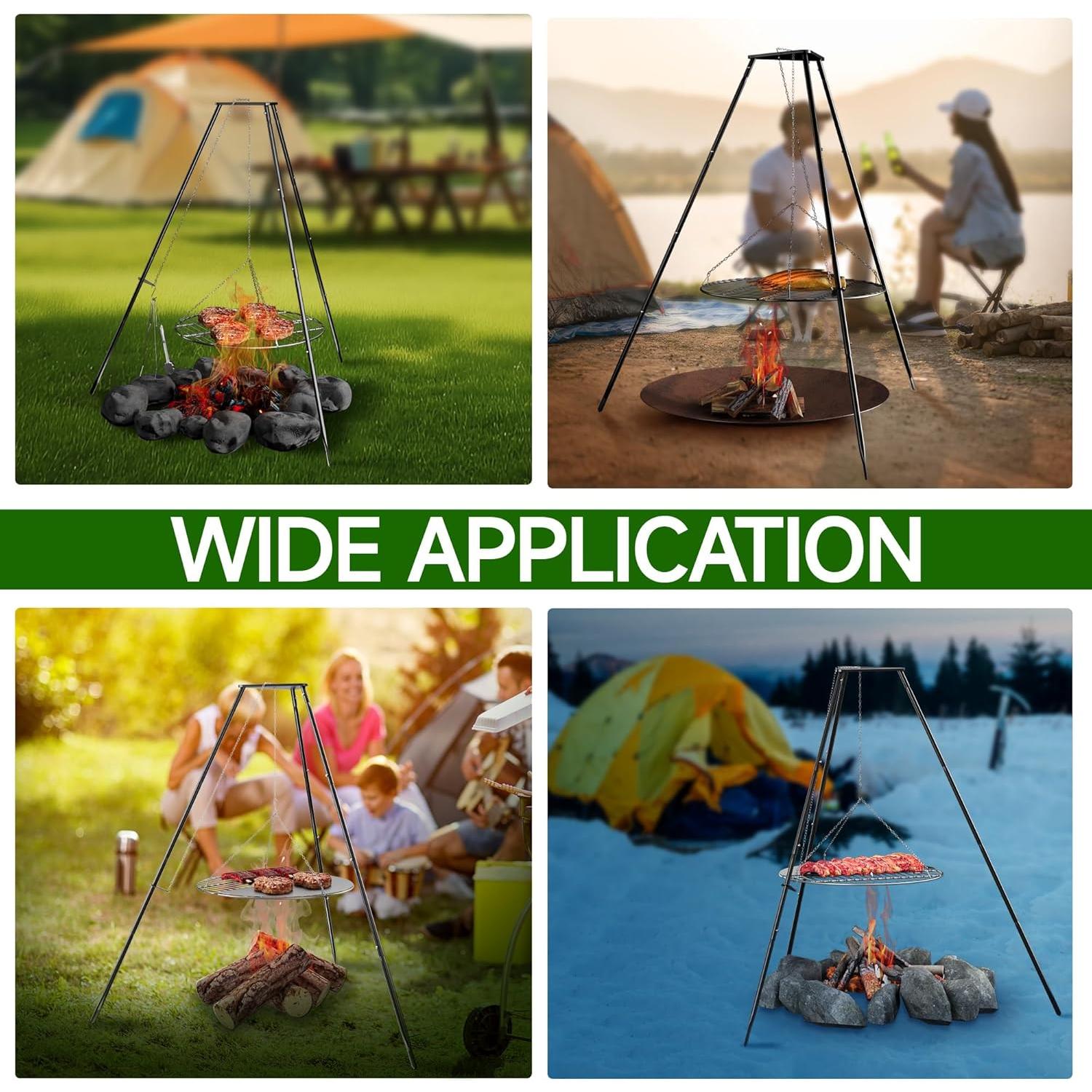 Campfire Tripod for Cooking, Portable & Collapsible Camping Cooking Tripod Grill with Round Grate for BBQ Picnic Outdoor Cookware Party