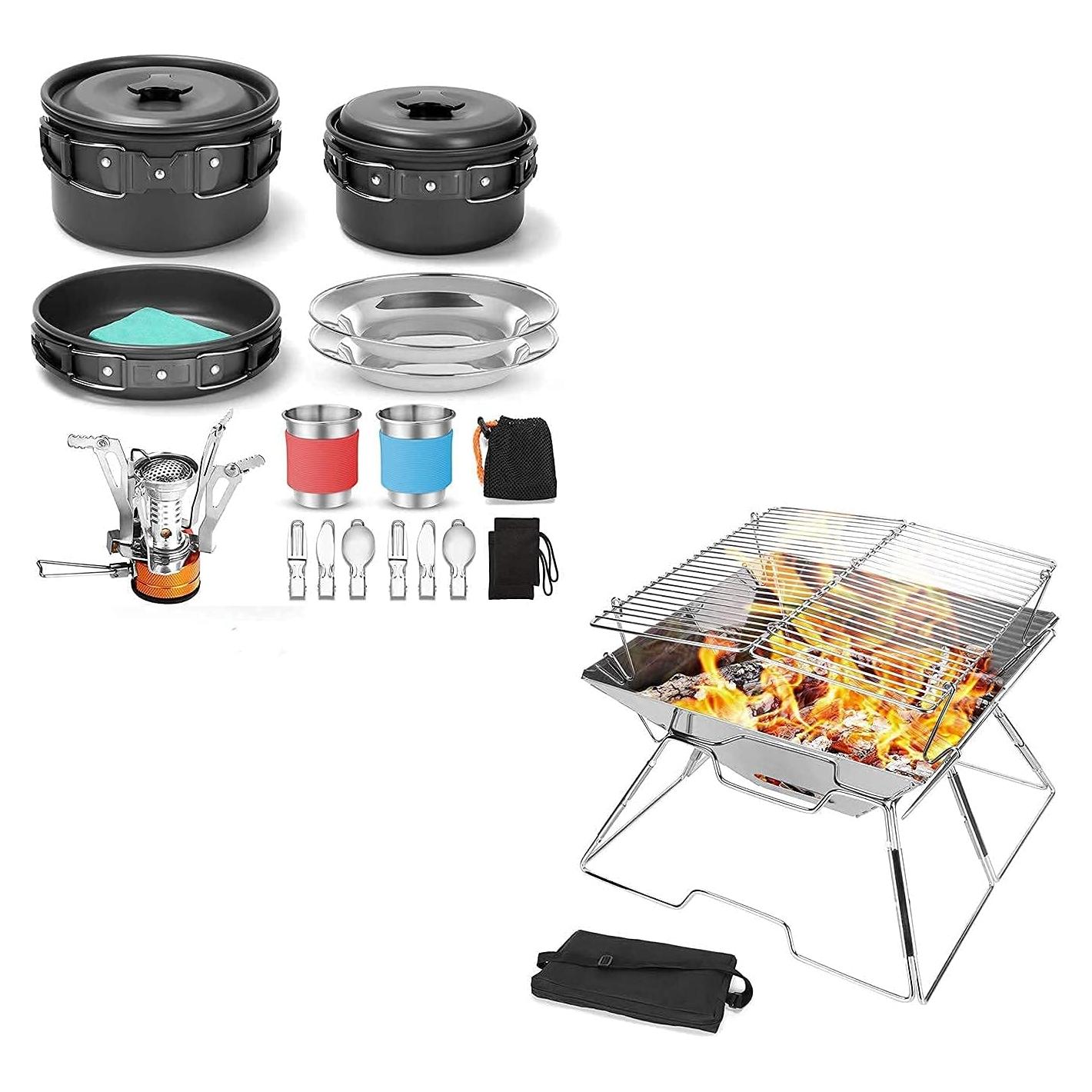 Kit de Cocina para Camping Odoland 16 Piezas con Parrilla Plegable