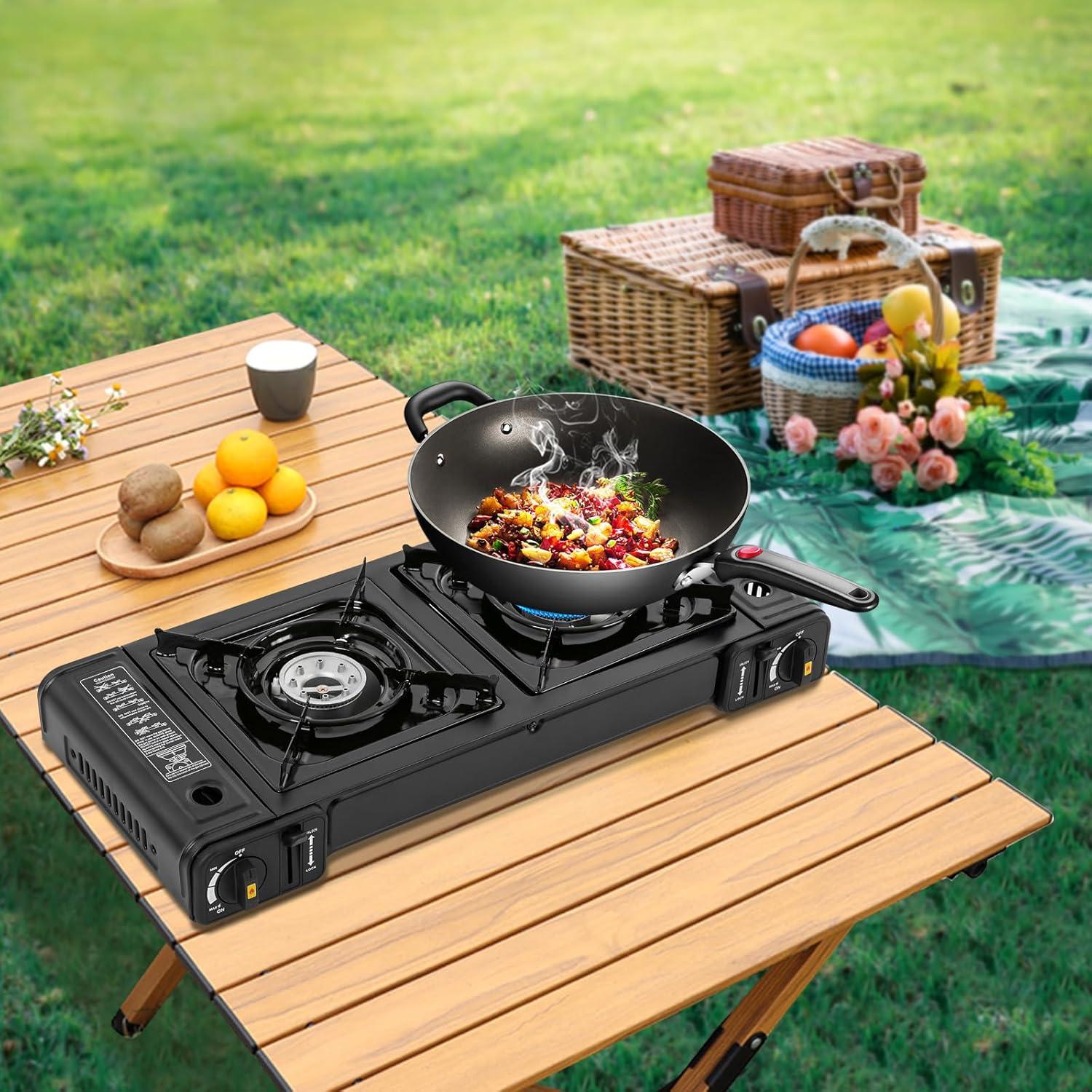 Double Butane Camping Stove,Portable Camping Stove,with Carrying Case, Auto Ignition Camping Burner LPG for RV, Apartments,Camping