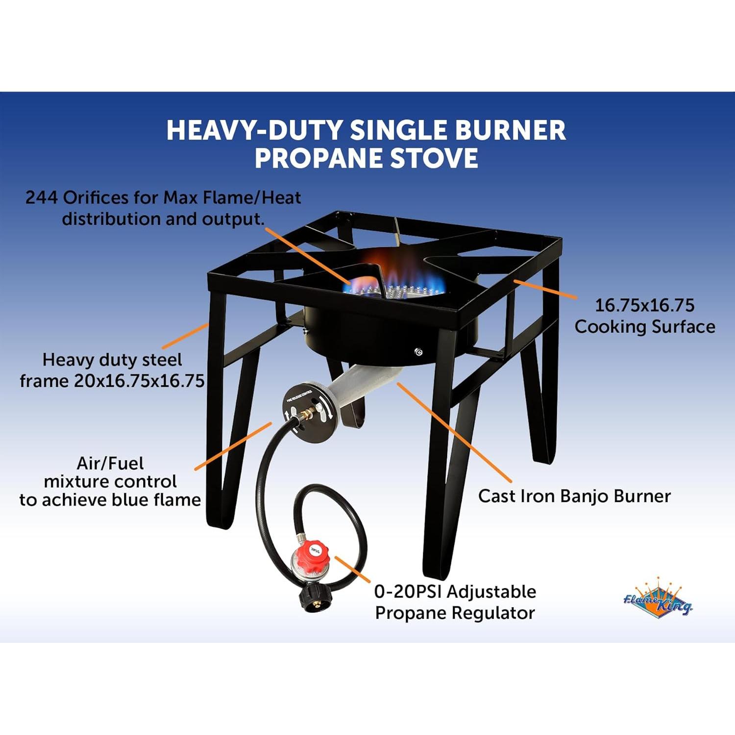 Flame King Heavy Duty 200K BTU, 0-20 PSI, Propane Gas Single Burner Bayou Cooker Outdoor Stove for Home Brewing, Turkey Fry, Maple Syrup Prep, Cajun Cooking, Black