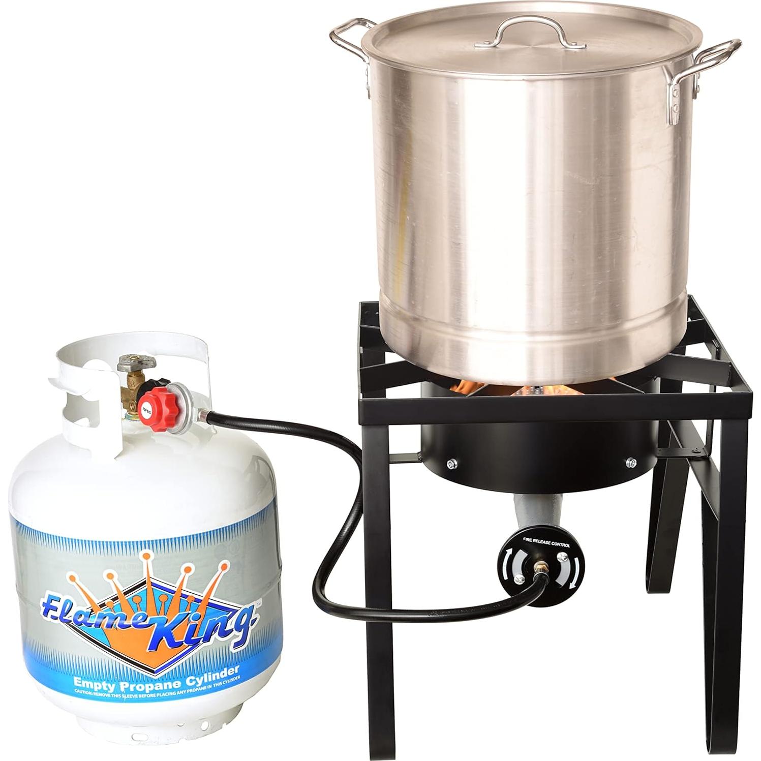 Flame King Heavy Duty 200K BTU, 0-20 PSI, Propane Gas Single Burner Bayou Cooker Outdoor Stove for Home Brewing, Turkey Fry, Maple Syrup Prep, Cajun Cooking, Black
